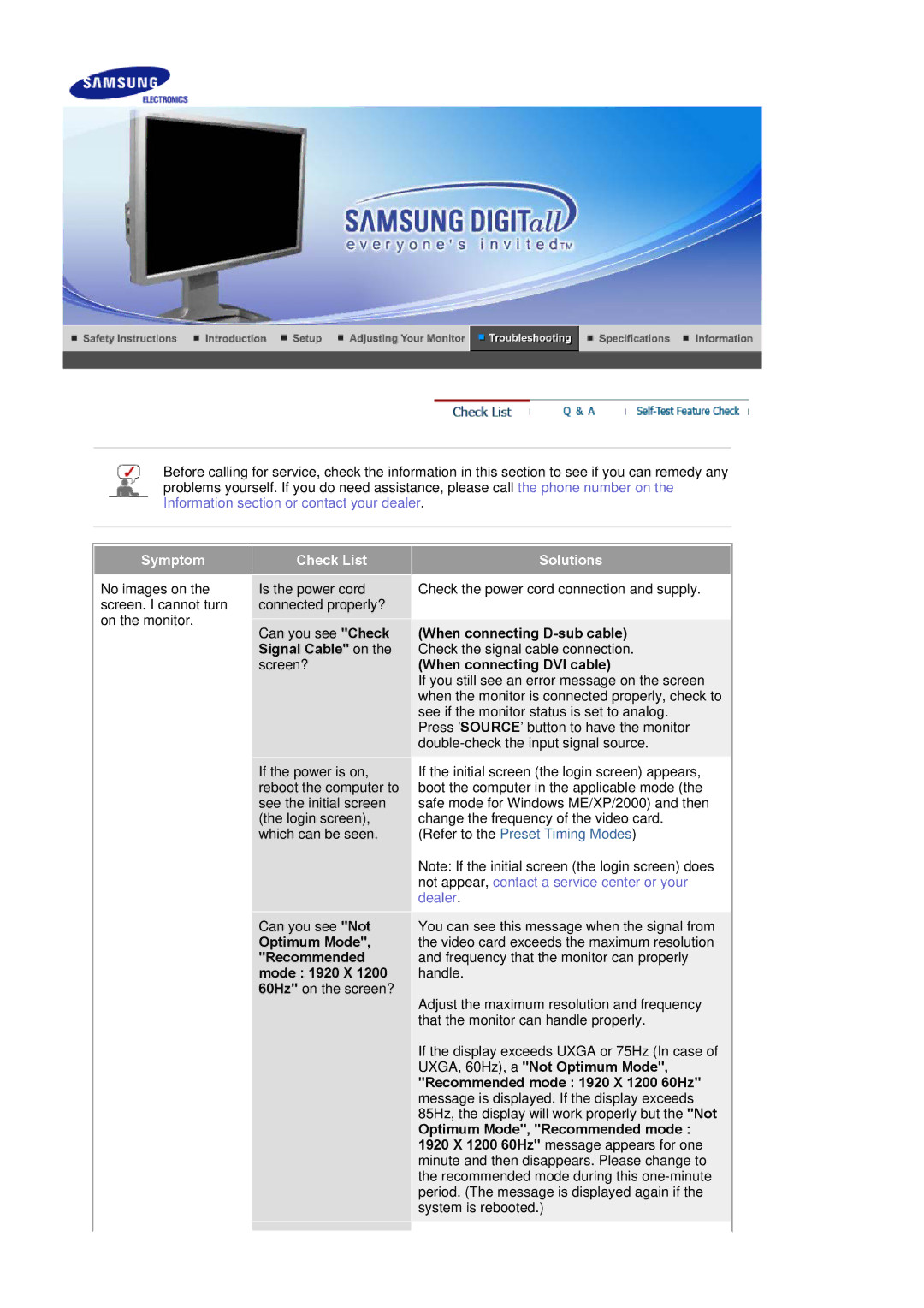 Samsung 244T manual Symptom, Check List, Solutions, When connecting D-sub cable, When connecting DVI cable 