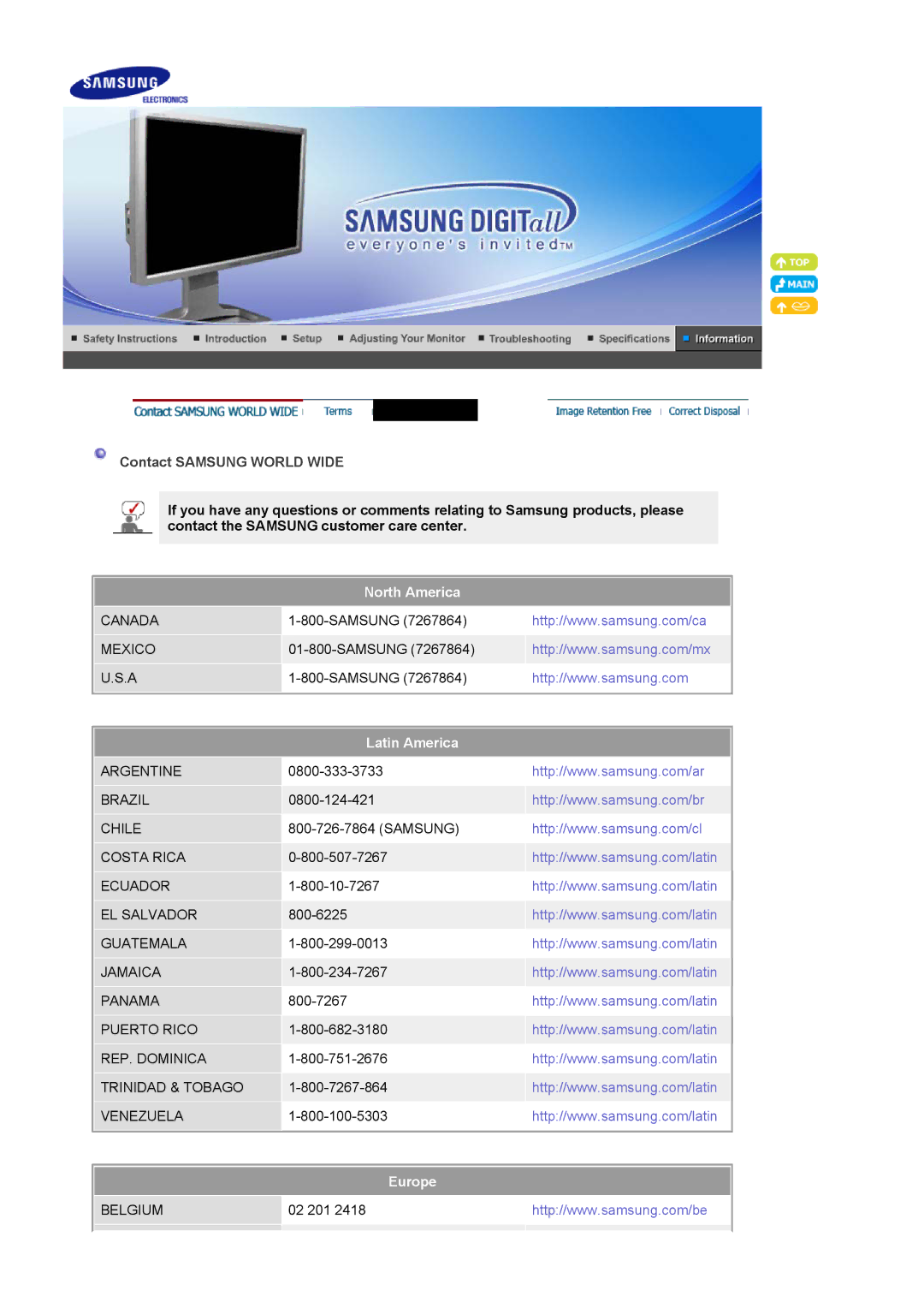 Samsung 244T manual North America, Latin America, Europe 