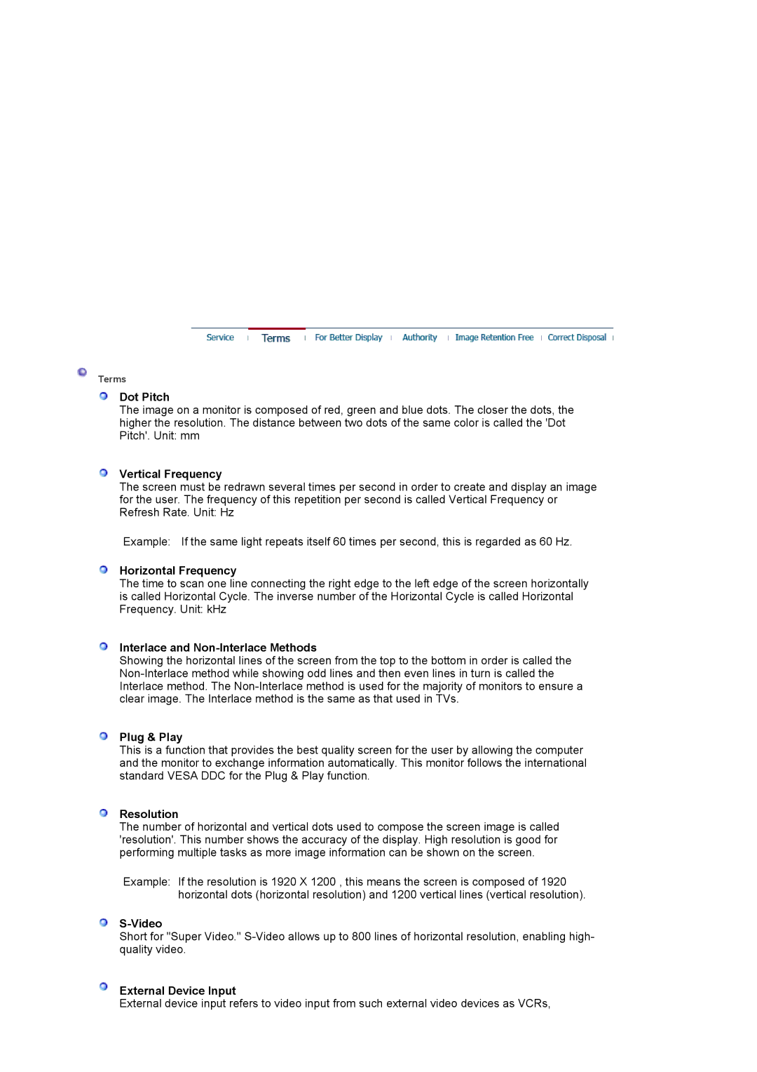 Samsung 244T manual Dot Pitch, Vertical Frequency, Horizontal Frequency, Interlace and Non-Interlace Methods, Plug & Play 