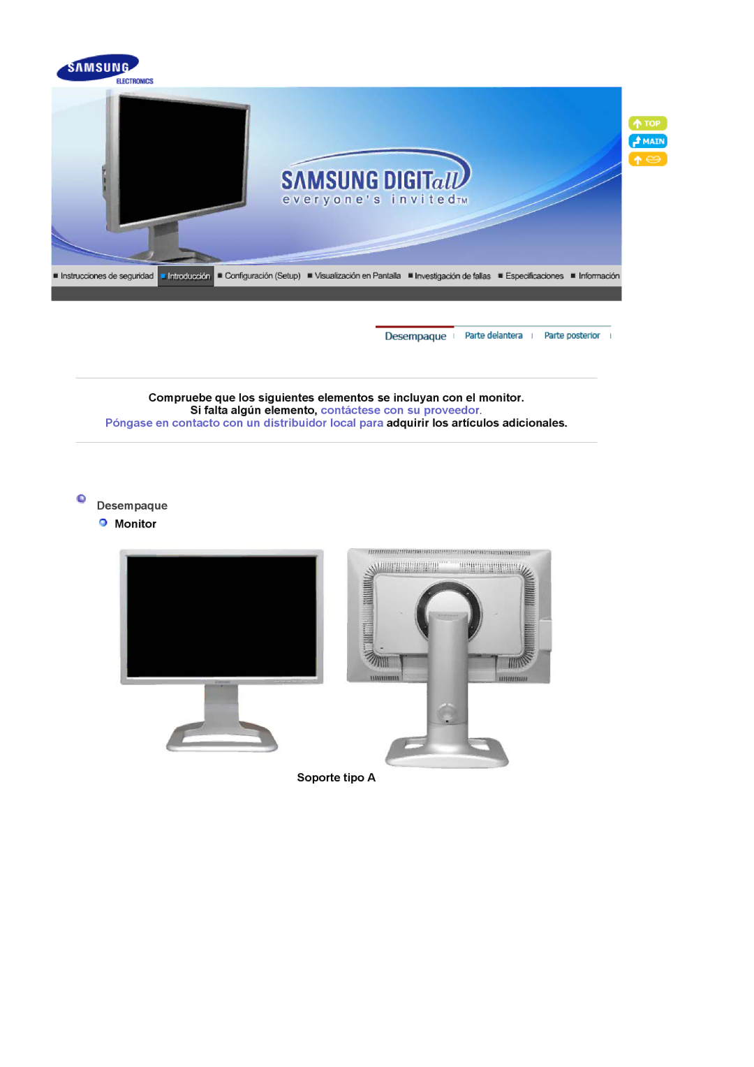 Samsung 244T manual Desempaque, Monitor Soporte tipo a 