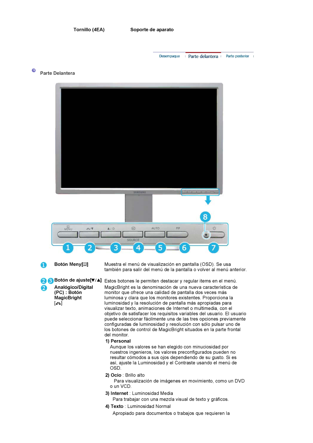 Samsung 244T manual Tornillo 4EA Soporte de aparato, Botón Meny, Analógico/Digital, PC Botón, MagicBright, Personal 