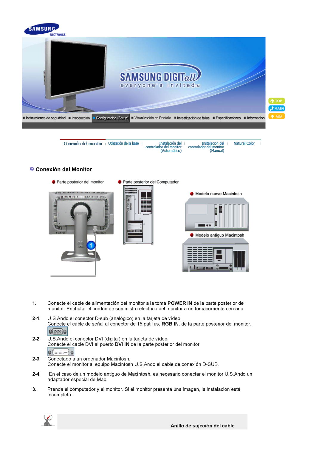 Samsung 244T manual Conexión del Monitor, Anillo de sujeción del cable 