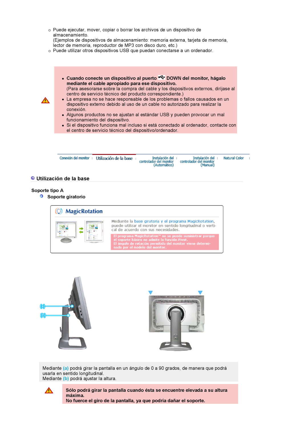 Samsung 244T manual Utilización de la base, Soporte tipo a Soporte giratorio 