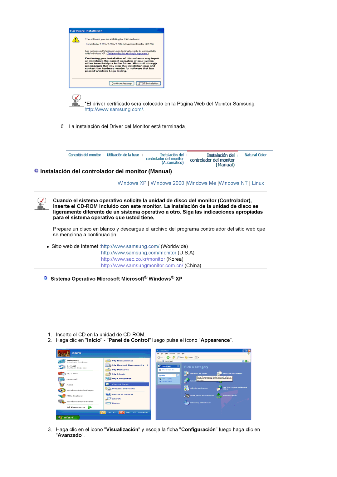 Samsung 244T manual Instalación del controlador del monitor Manual, Sistema Operativo Microsoft Microsoft Windows XP 
