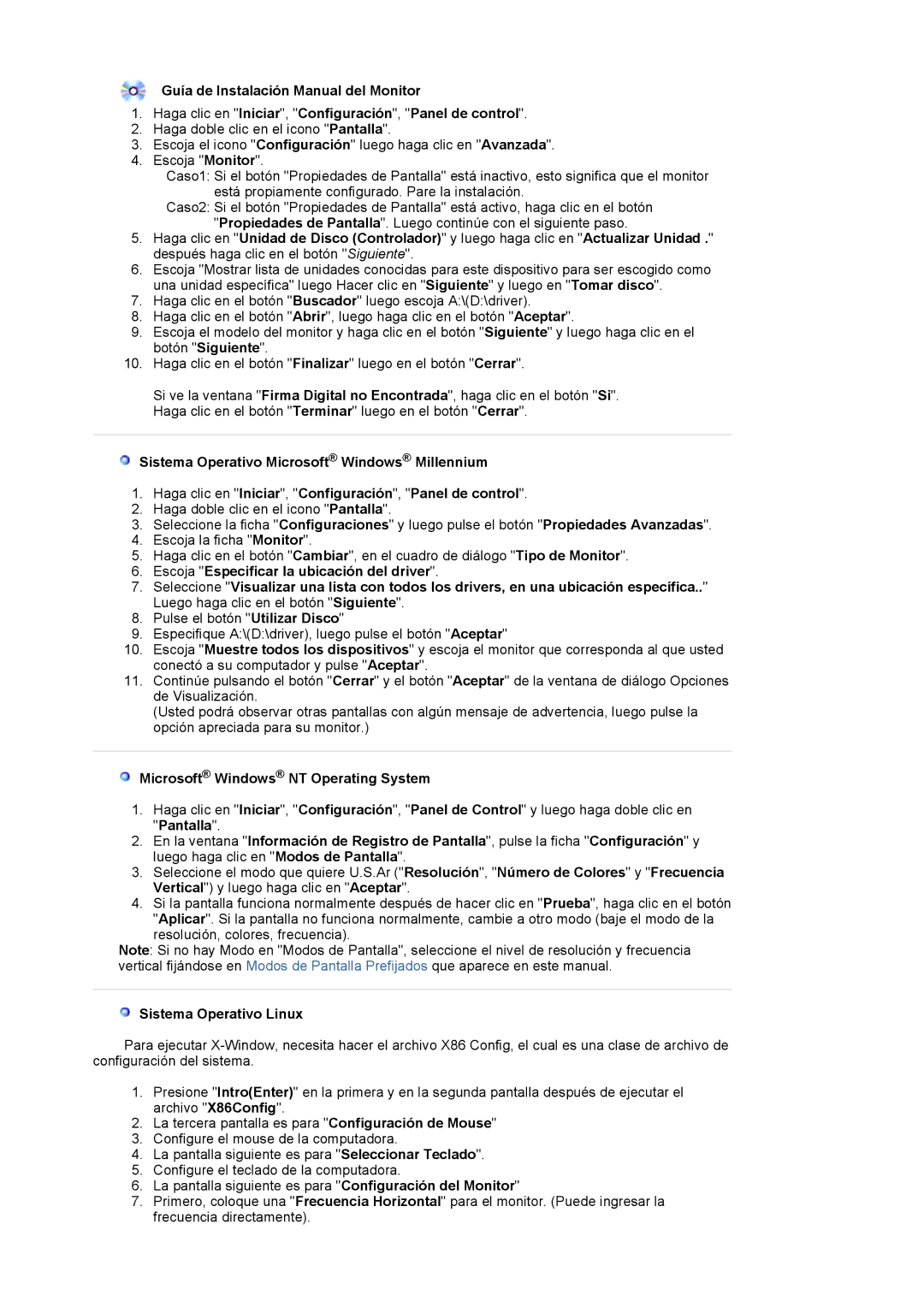 Samsung 244T manual Microsoft Windows NT Operating System, Sistema Operativo Linux 