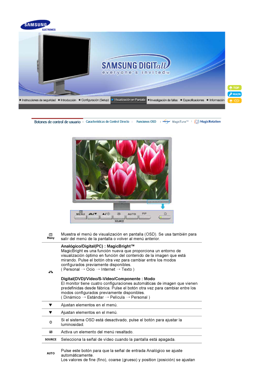 Samsung 244T manual Analógico/DigitalPC MagicBright, DigitalDVD/Vídeo/S-Vídeo/Componente Modo 