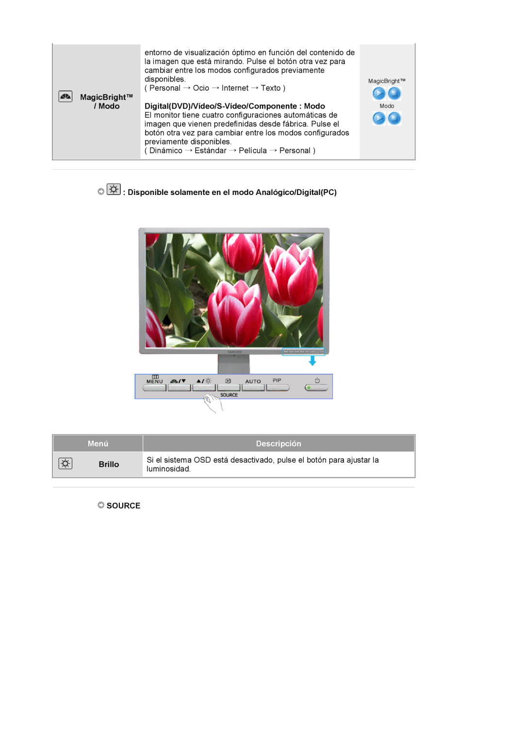 Samsung 244T manual Disponible solamente en el modo Analógico/DigitalPC, Source 