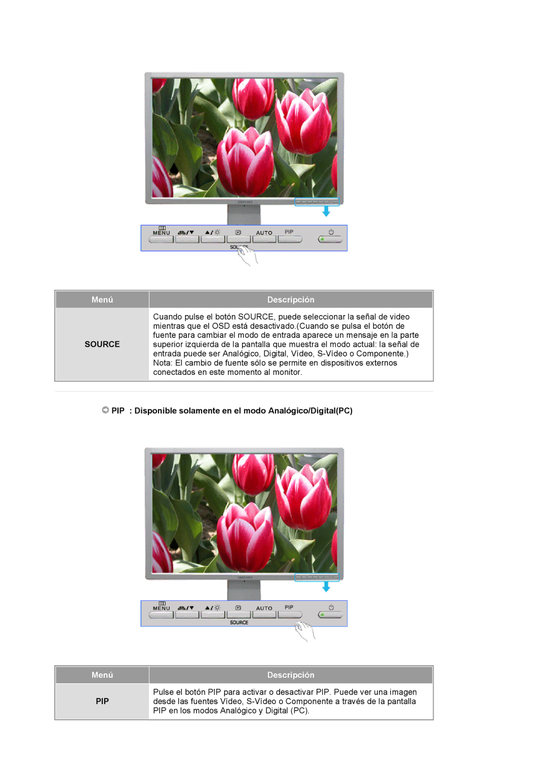 Samsung 244T manual PIP Disponible solamente en el modo Analógico/DigitalPC 