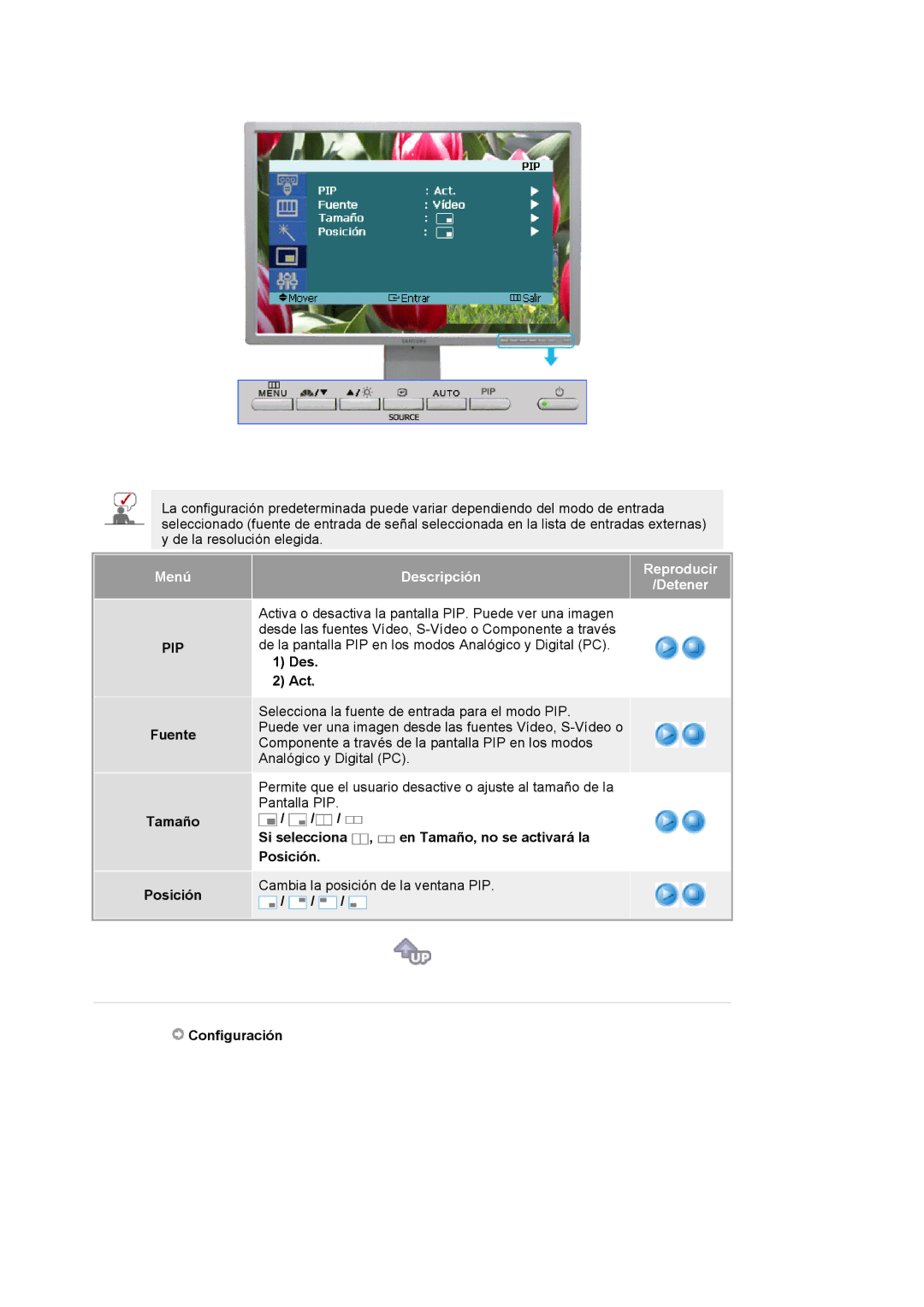 Samsung 244T manual Fuente Tamaño Posición, Des Act, Si selecciona , en Tamaño, no se activará la Posición, Configuración 