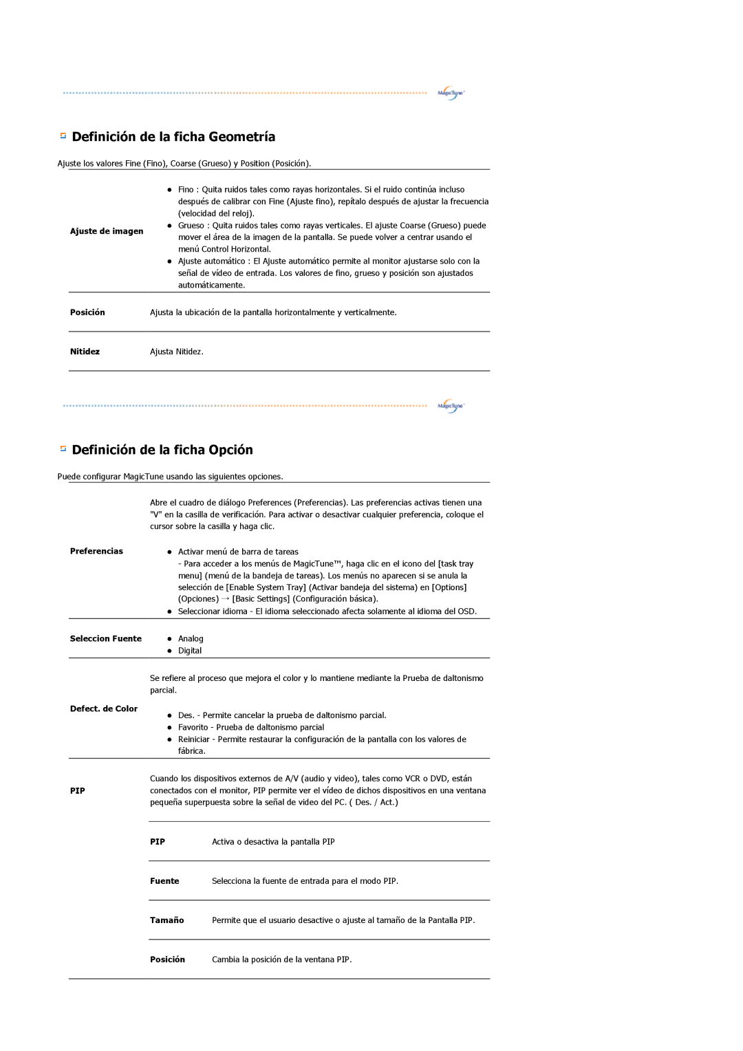 Samsung 244T manual Definición de la ficha Geometría 