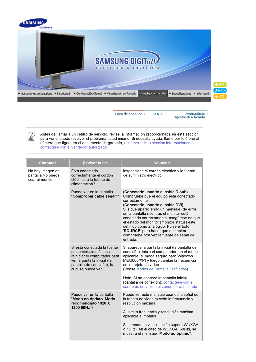 Samsung 244T manual Síntomas, Revisar la list Solucíon, Conectado usando el cable D-sub, Conectado usando el cable DVI 