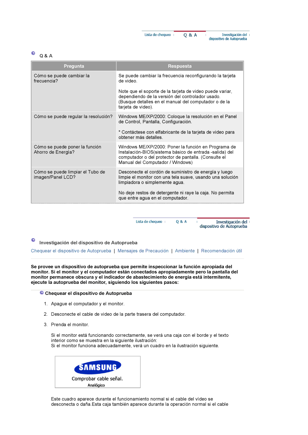 Samsung 244T manual Pregunta Respuesta, Investigación del dispositivo de Autoprueba 