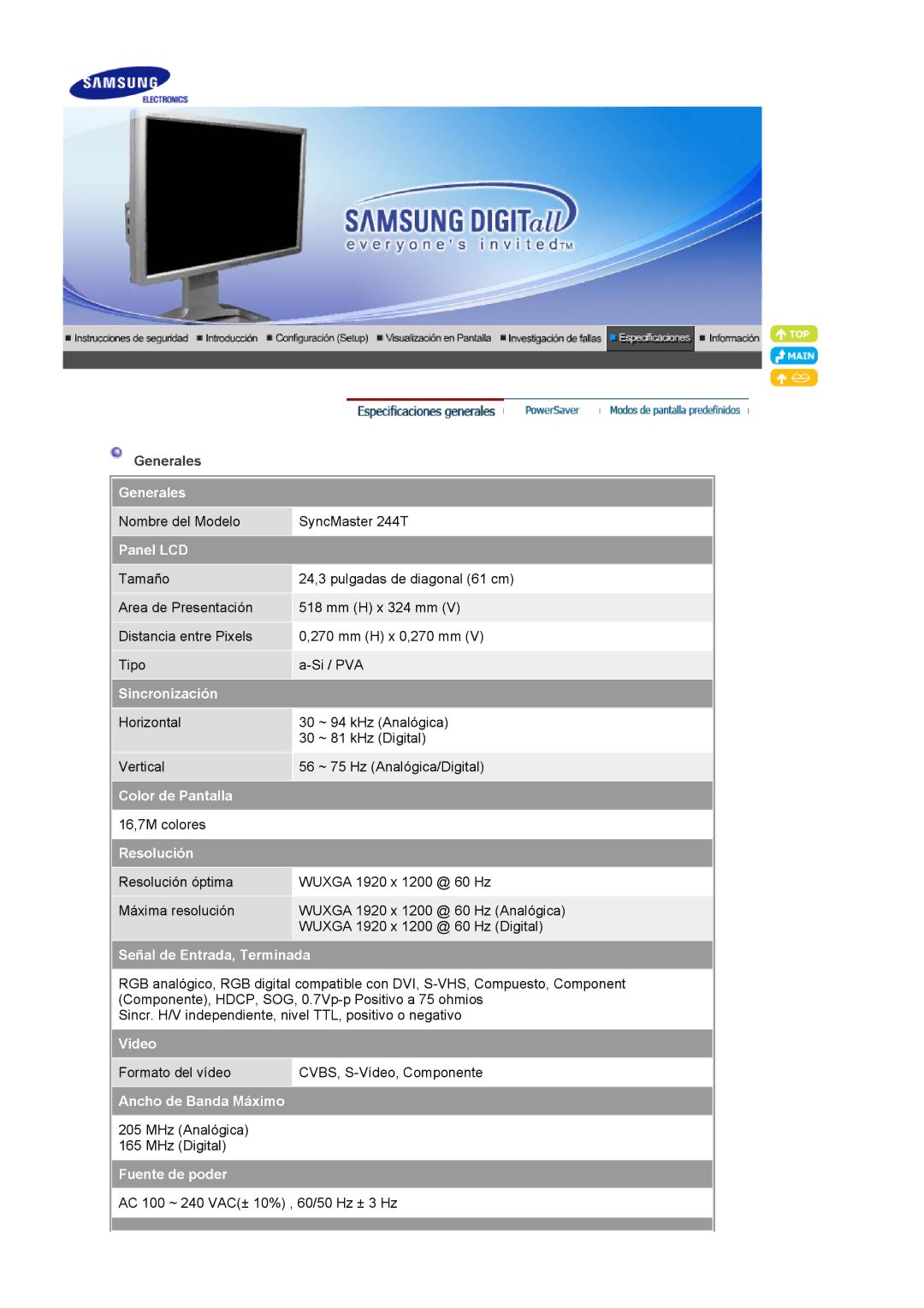 Samsung 244T manual Generales, Panel LCD, Sincronización, Color de Pantalla, Resolución, Señal de Entrada, Terminada, Video 