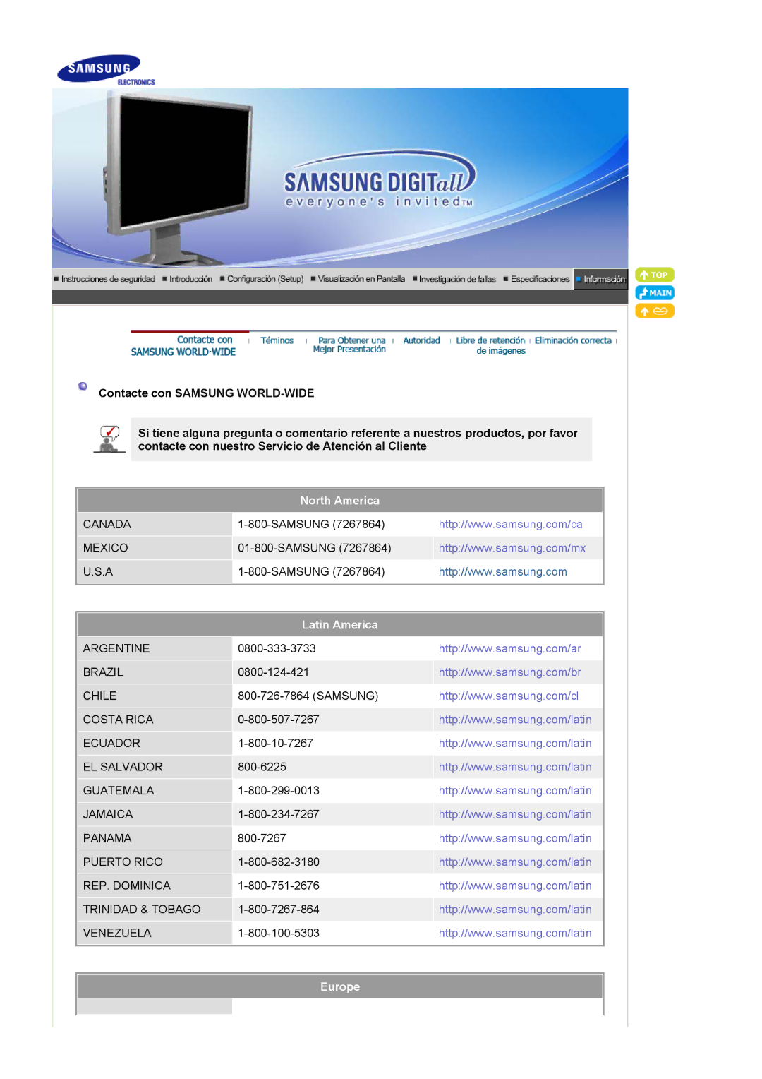 Samsung 244T manual North America, Latin America, Europe 