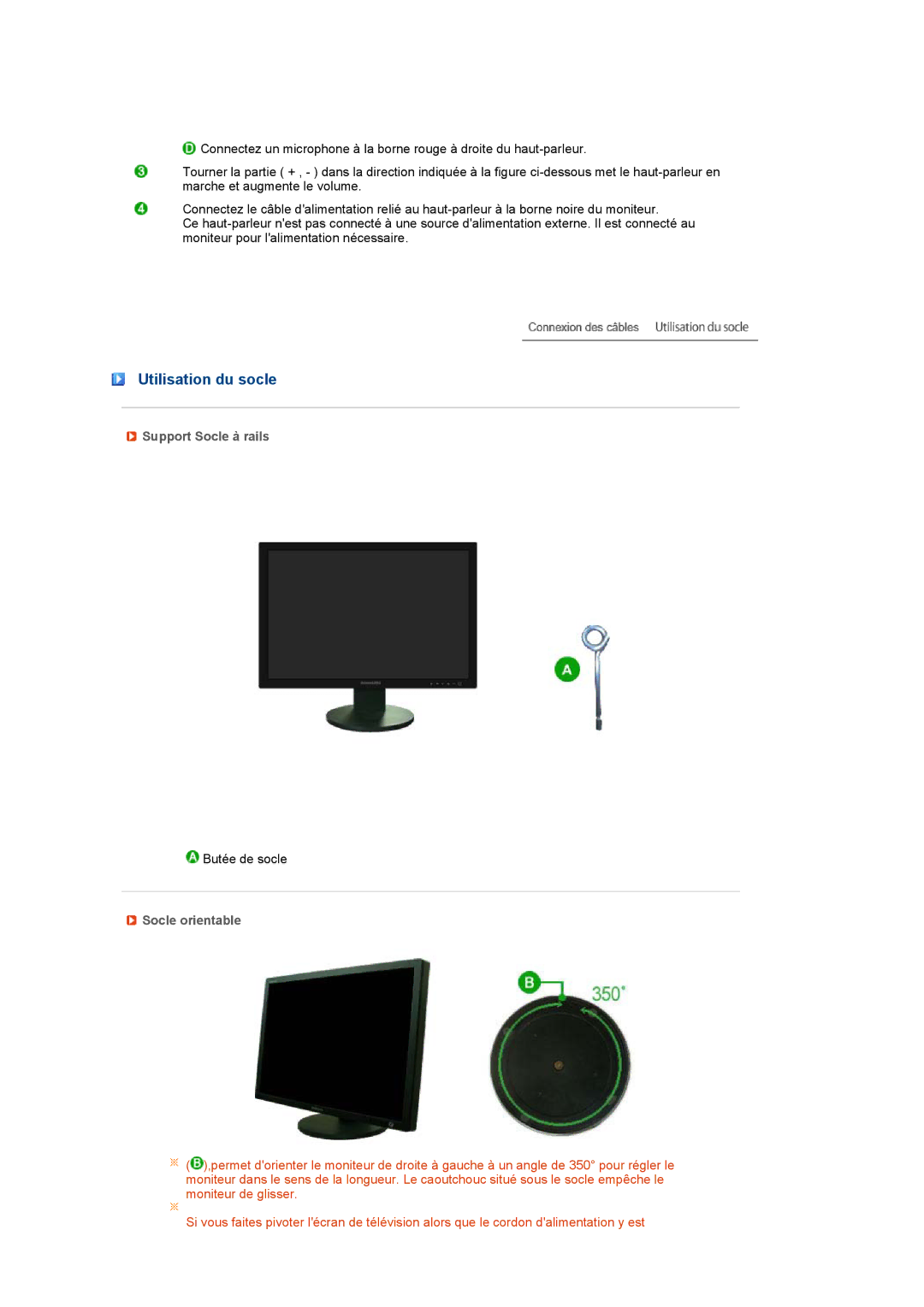 Samsung 245B manual Utilisation du socle, Support Socle à rails, Socle orientable 