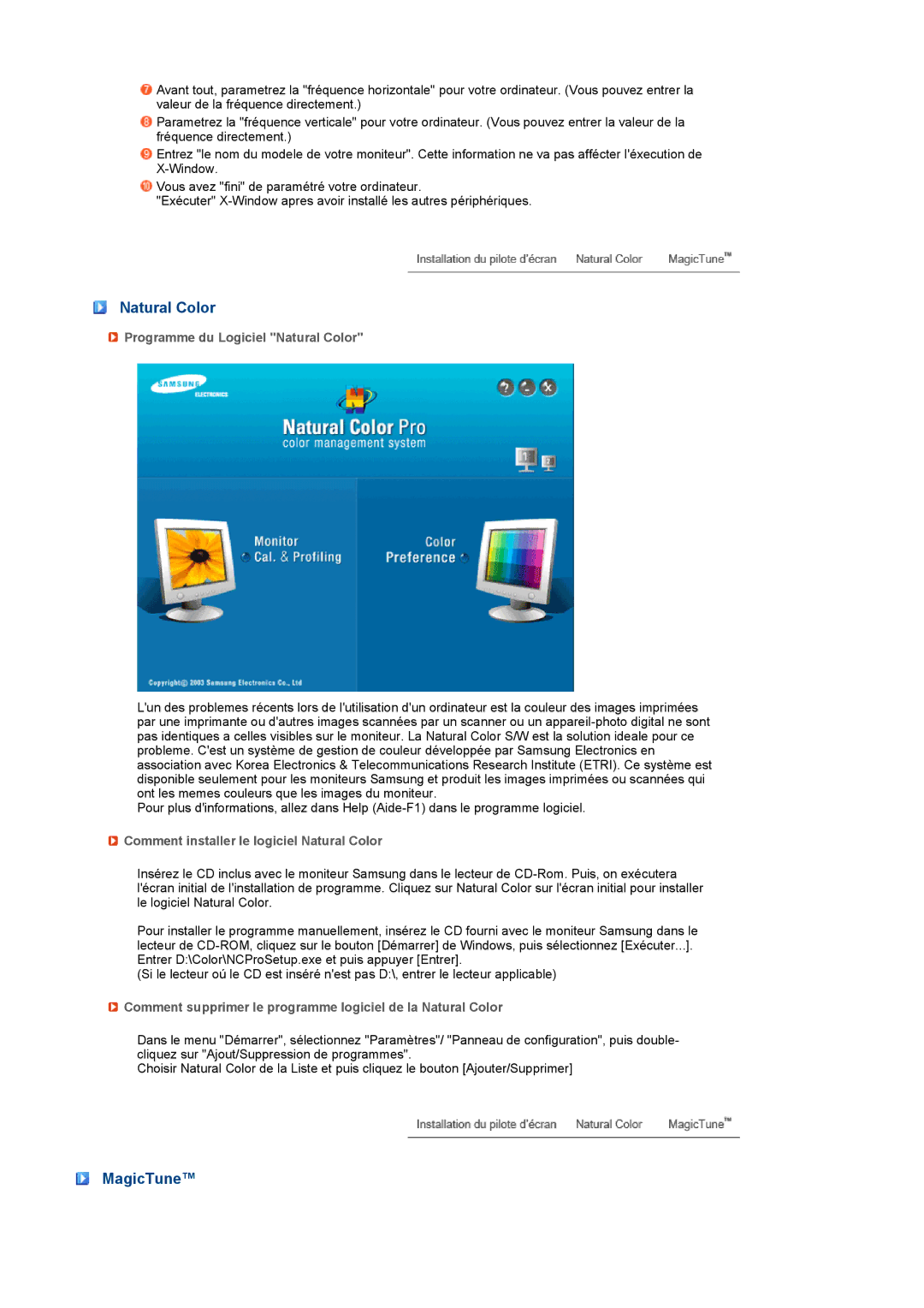 Samsung 245B manual MagicTune, Programme du Logiciel Natural Color, Comment installer le logiciel Natural Color 