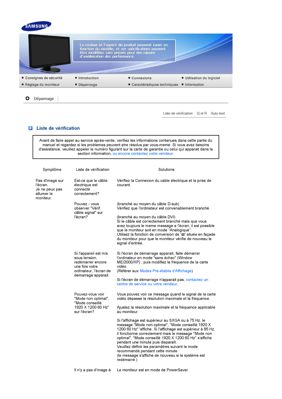 Samsung 245B manual Liste de vérification, Centre de service ou votre vendeur 