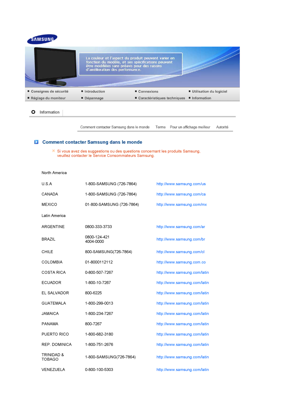 Samsung 245B manual Comment contacter Samsung dans le monde 