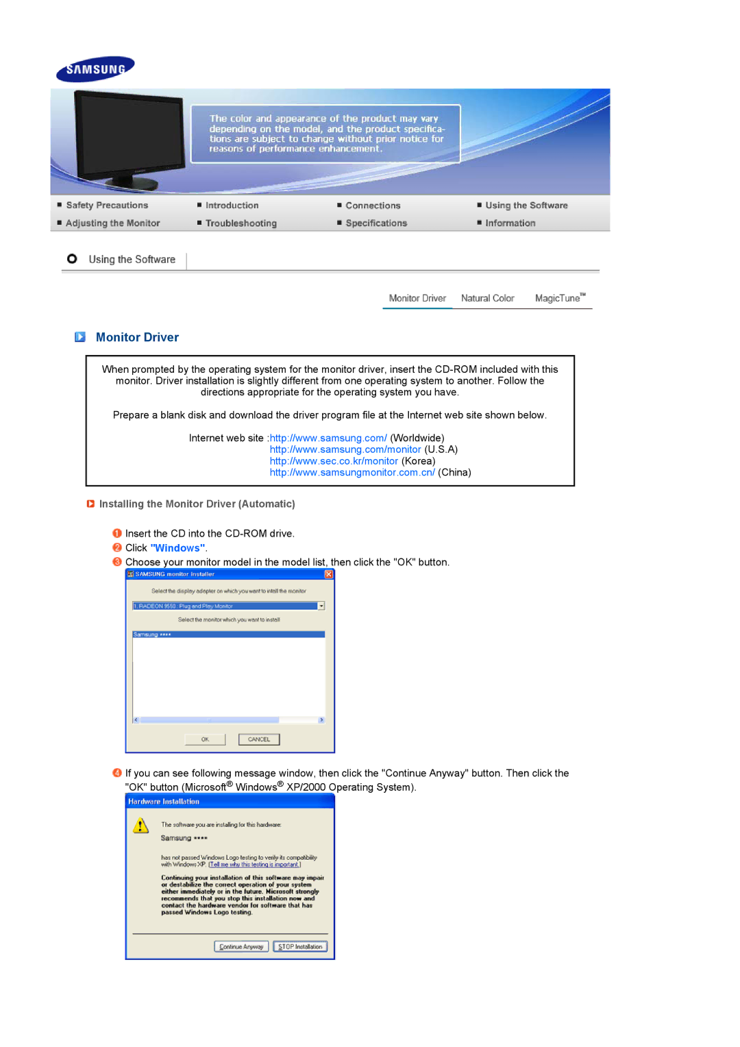 Samsung 245B, 245BW manual Installing the Monitor Driver Automatic 