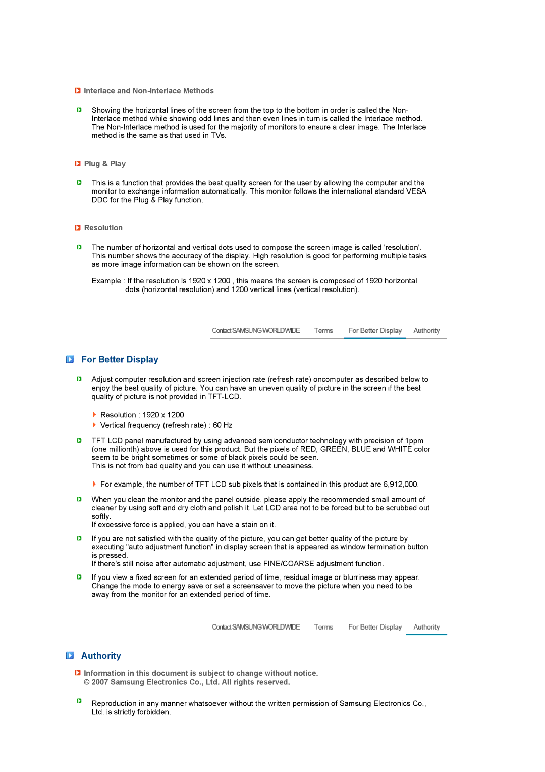 Samsung 245B, 245BW manual For Better Display, Authority, Interlace and Non-Interlace Methods, Plug & Play, Resolution 