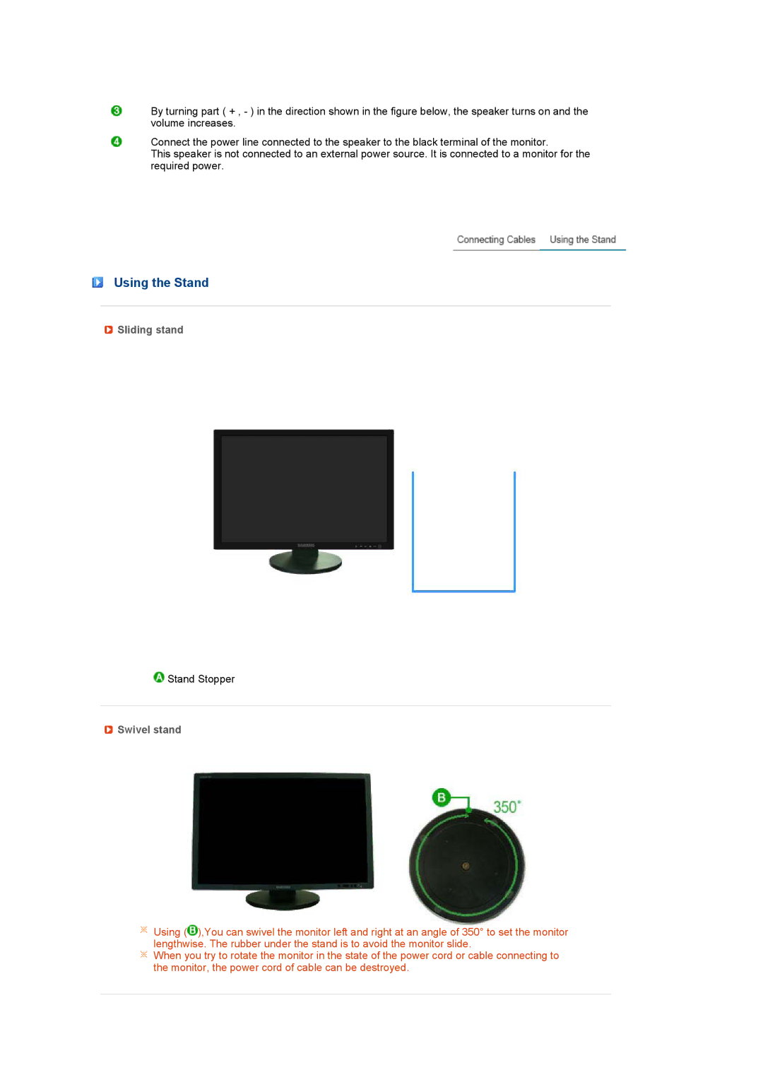 Samsung 245BW manual Using the Stand, Sliding stand, Swivel stand 