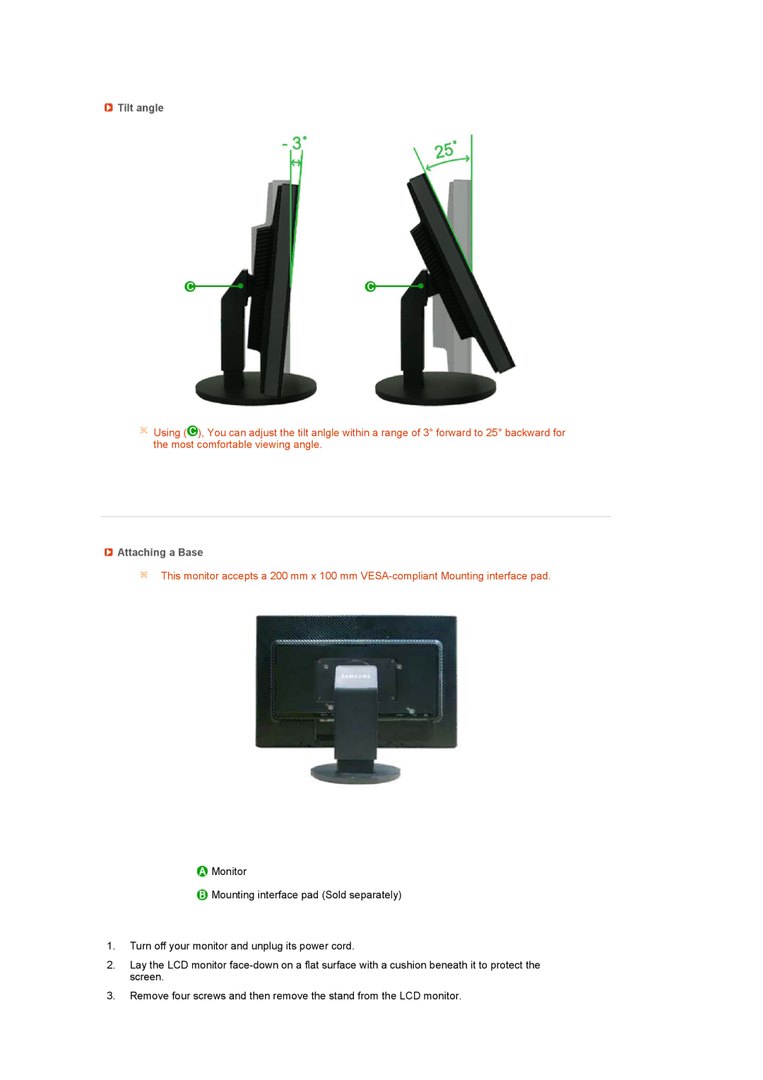 Samsung 245BW manual Tilt angle, Attaching a Base 