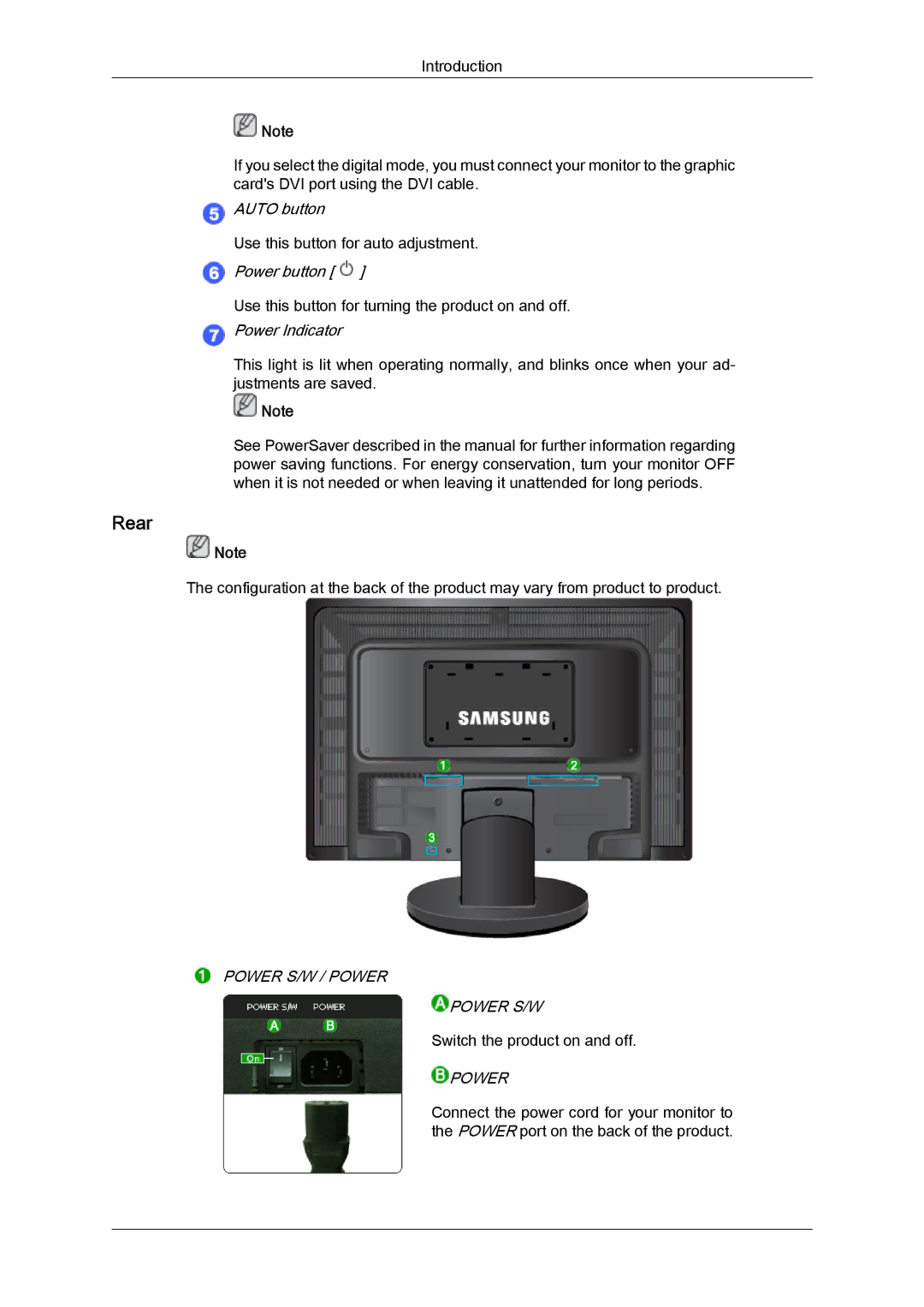 Samsung 2494LW user manual Rear, Power Indicator 