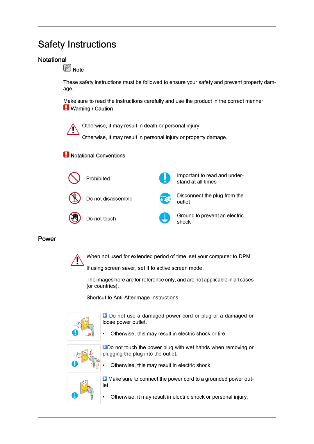 Samsung 2494LW user manual Safety Instructions, Power, Notational Conventions 