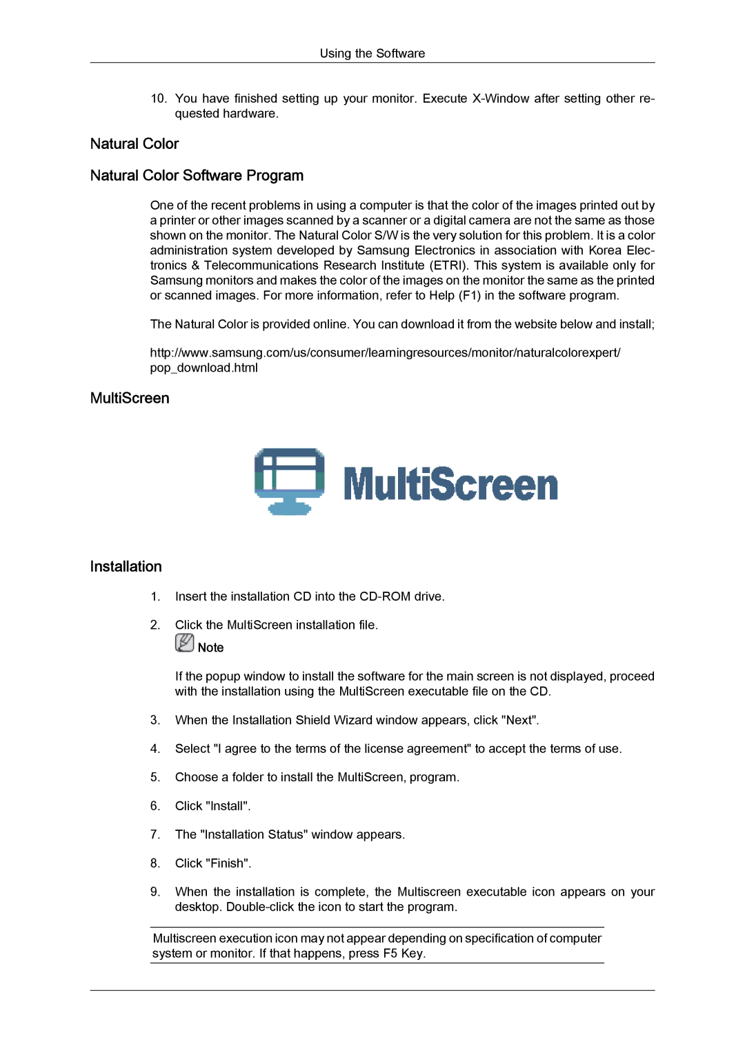 Samsung 2494LW user manual Natural Color Natural Color Software Program, MultiScreen Installation 