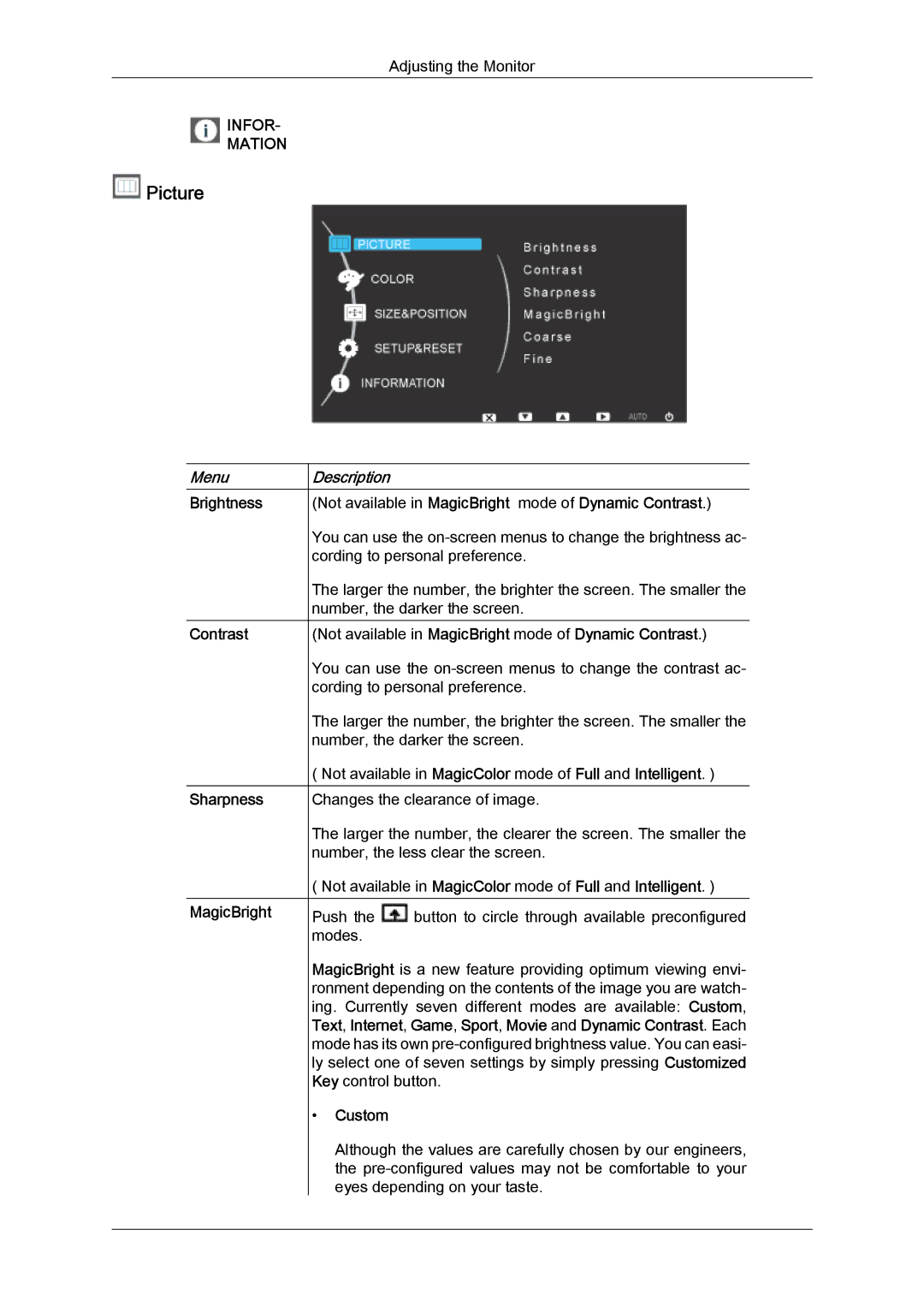 Samsung 2494LW user manual Picture, Brightness Contrast Sharpness MagicBright, Custom 