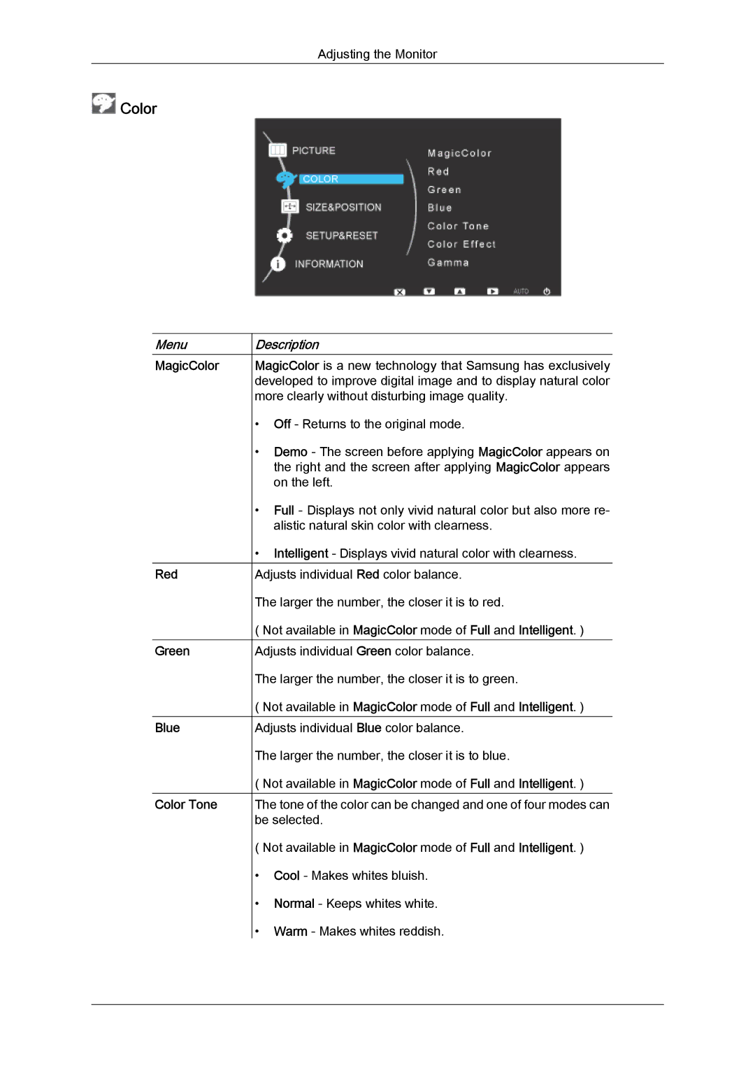 Samsung 2494LW user manual MagicColor Red Green Blue Color Tone 