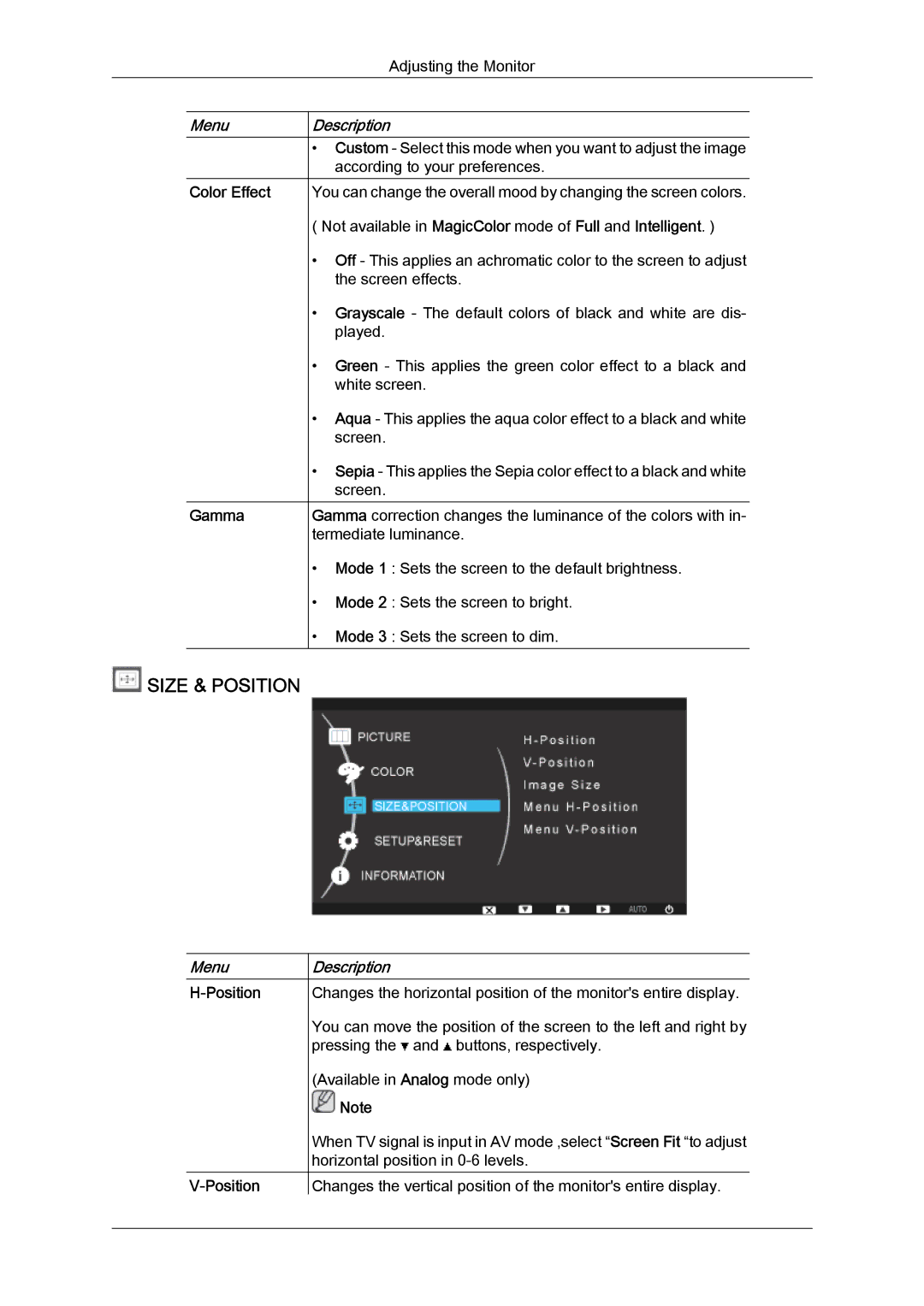 Samsung 2494LW user manual Size & Position, Color Effect Gamma 