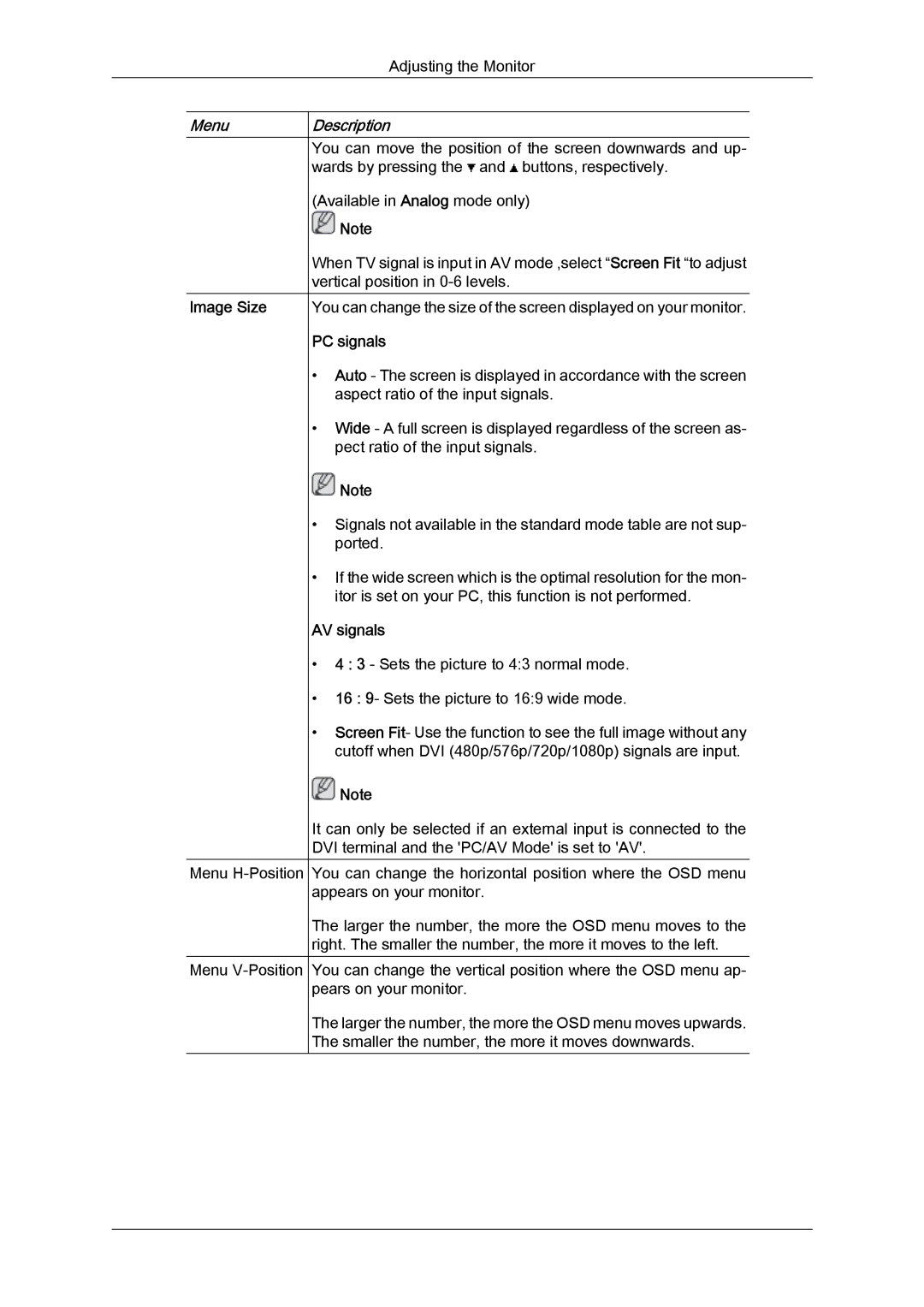 Samsung 2494LW user manual Image Size, PC signals, AV signals 