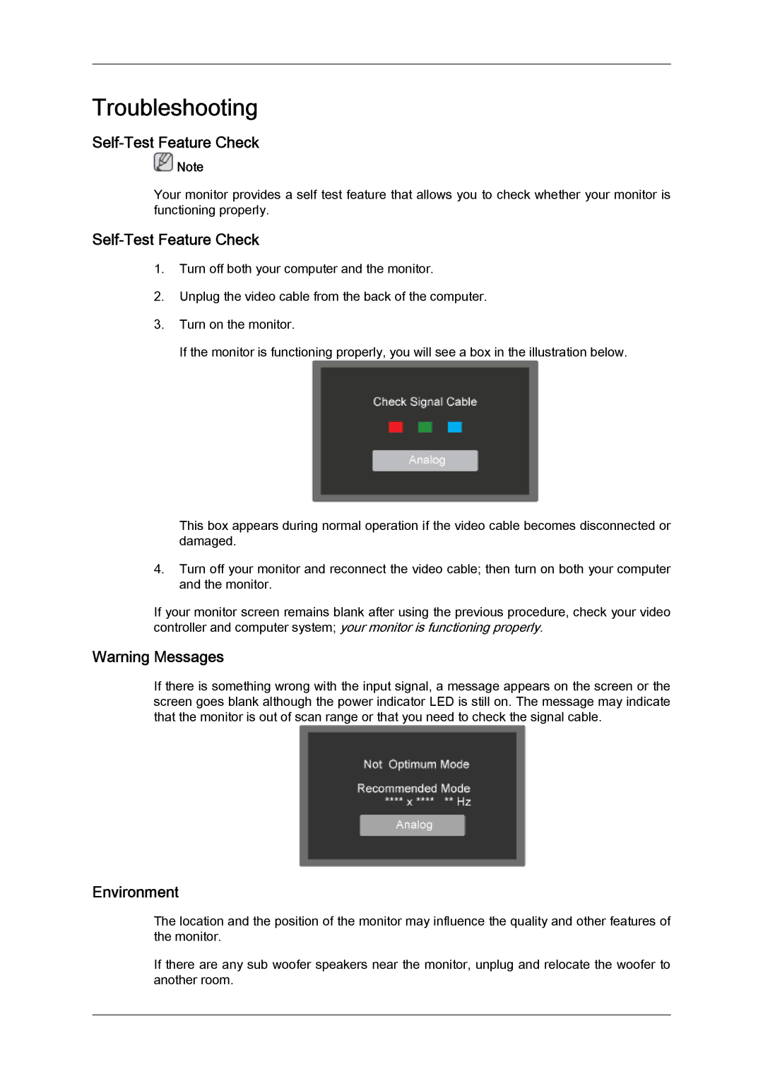 Samsung 2494LW user manual Troubleshooting, Self-Test Feature Check, Environment 