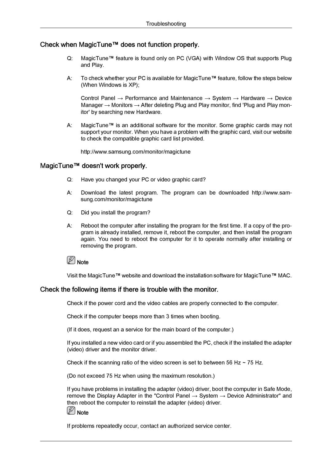 Samsung 2494LW user manual Check when MagicTune does not function properly, MagicTune doesnt work properly 