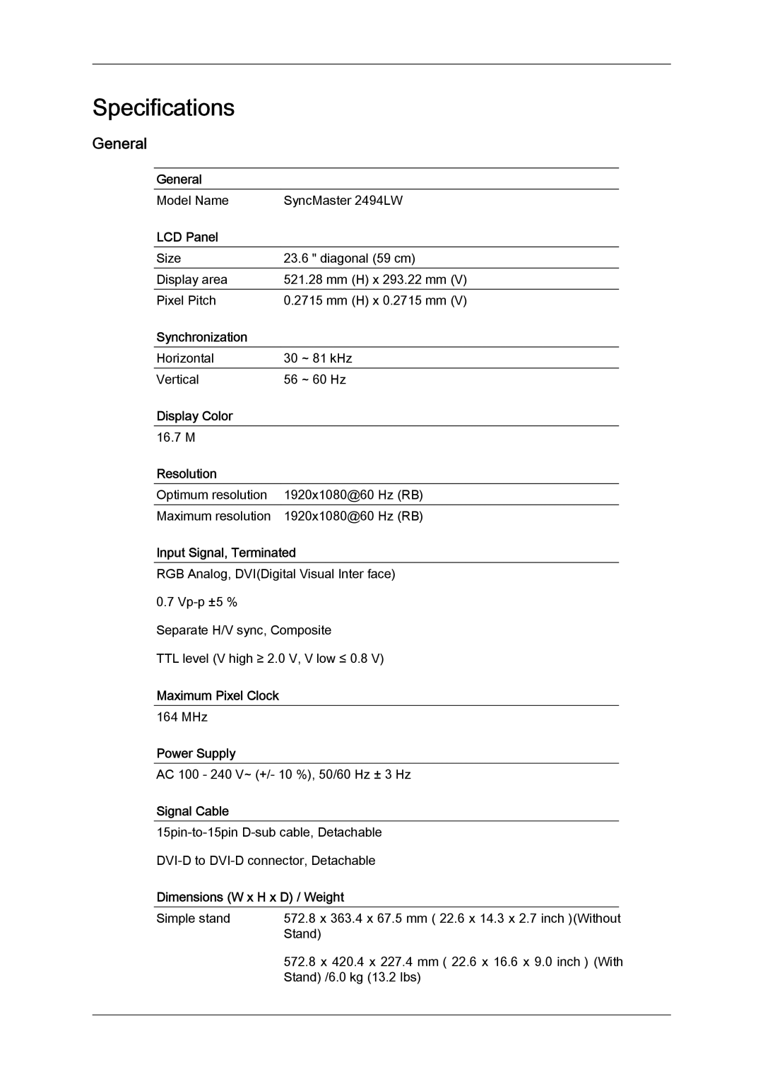 Samsung 2494LW user manual Specifications, General 