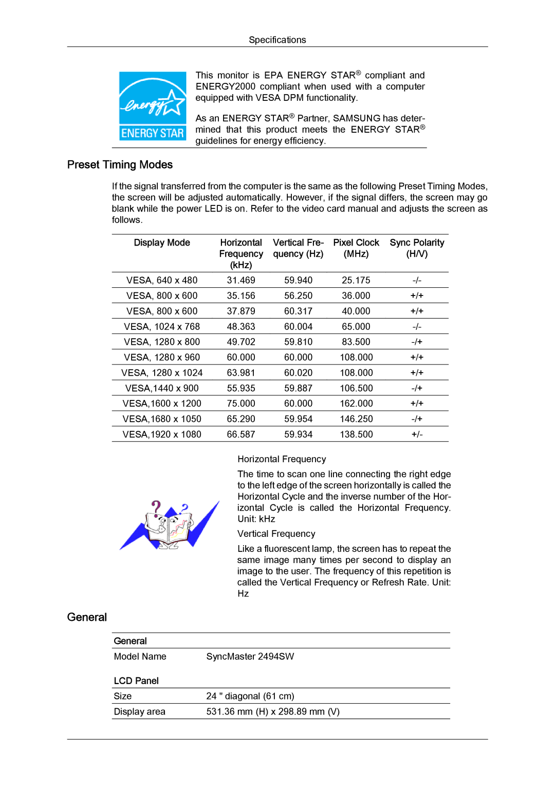 Samsung 2494LW user manual Preset Timing Modes 