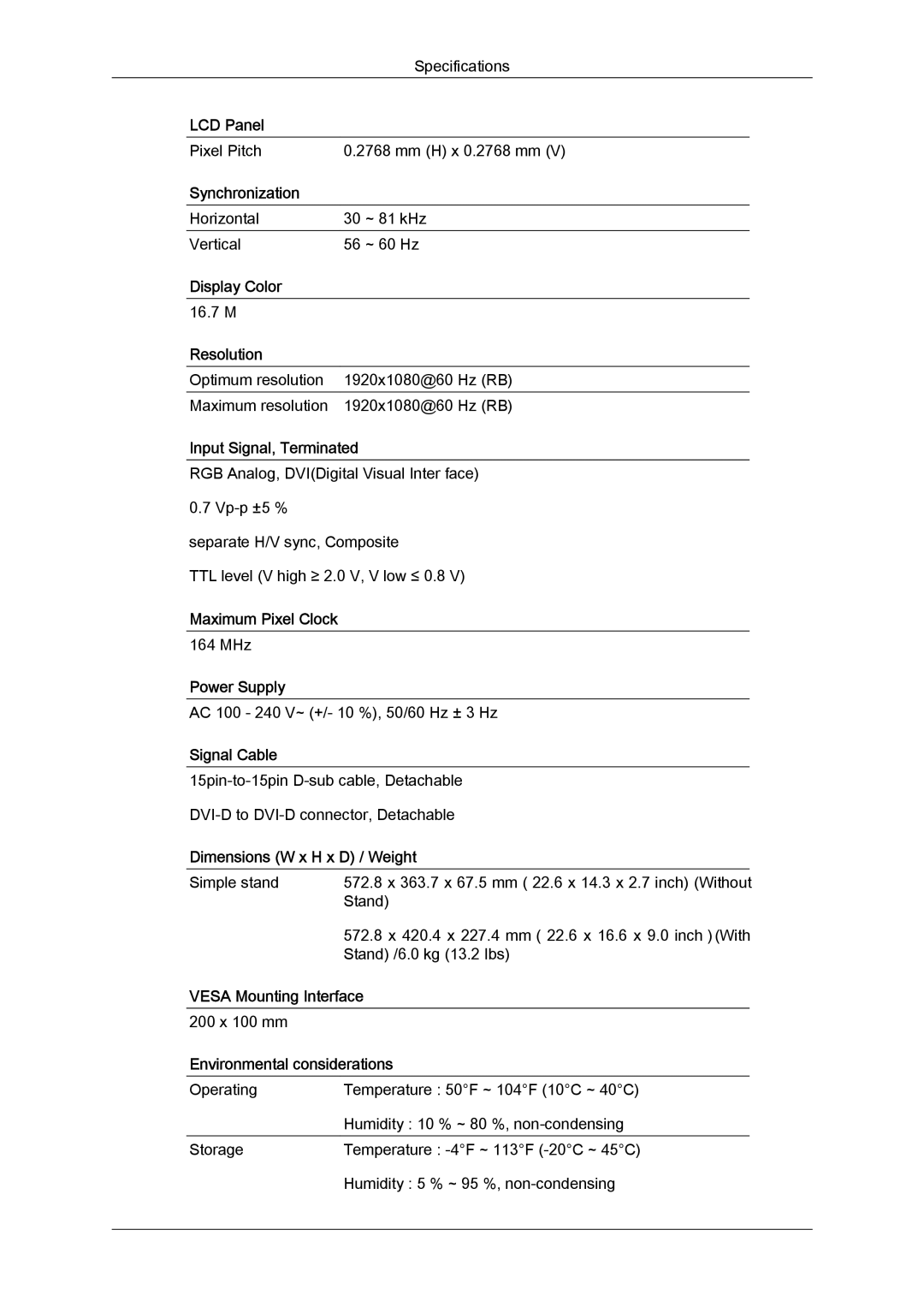 Samsung 2494LW user manual Pixel Pitch Mm H x 0.2768 mm 