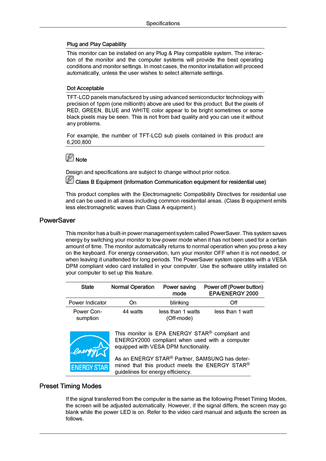 Samsung 2494LW user manual Epa/Energy 