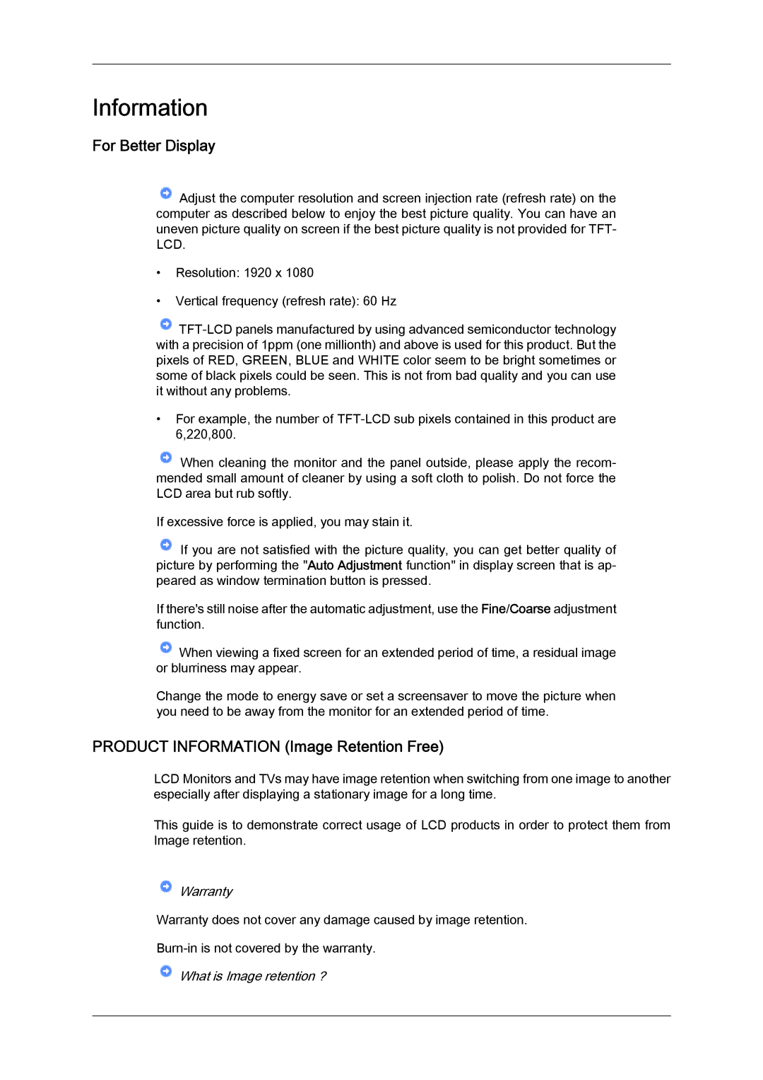 Samsung 2494LW user manual For Better Display, Product Information Image Retention Free 