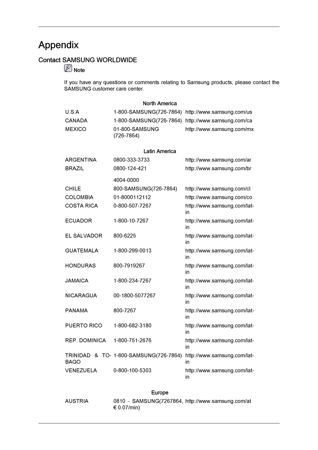 Samsung 2494LW user manual Appendix, Contact Samsung Worldwide, North America, Latin America, Europe 