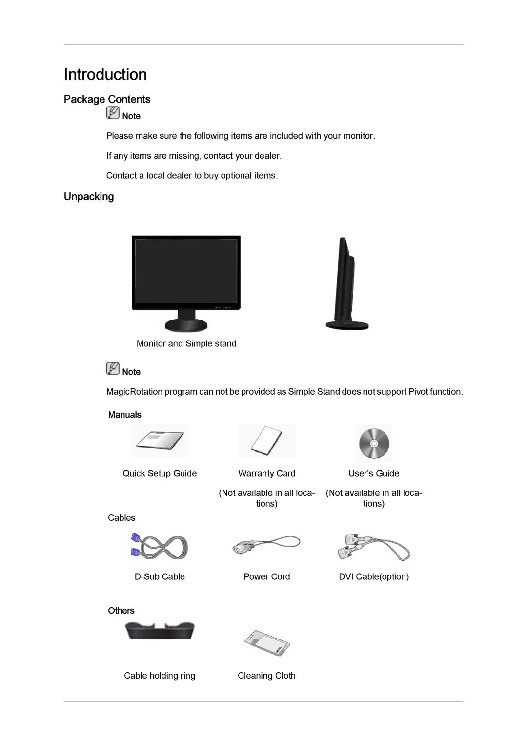 Samsung 2494LW user manual Introduction, Package Contents, Unpacking 