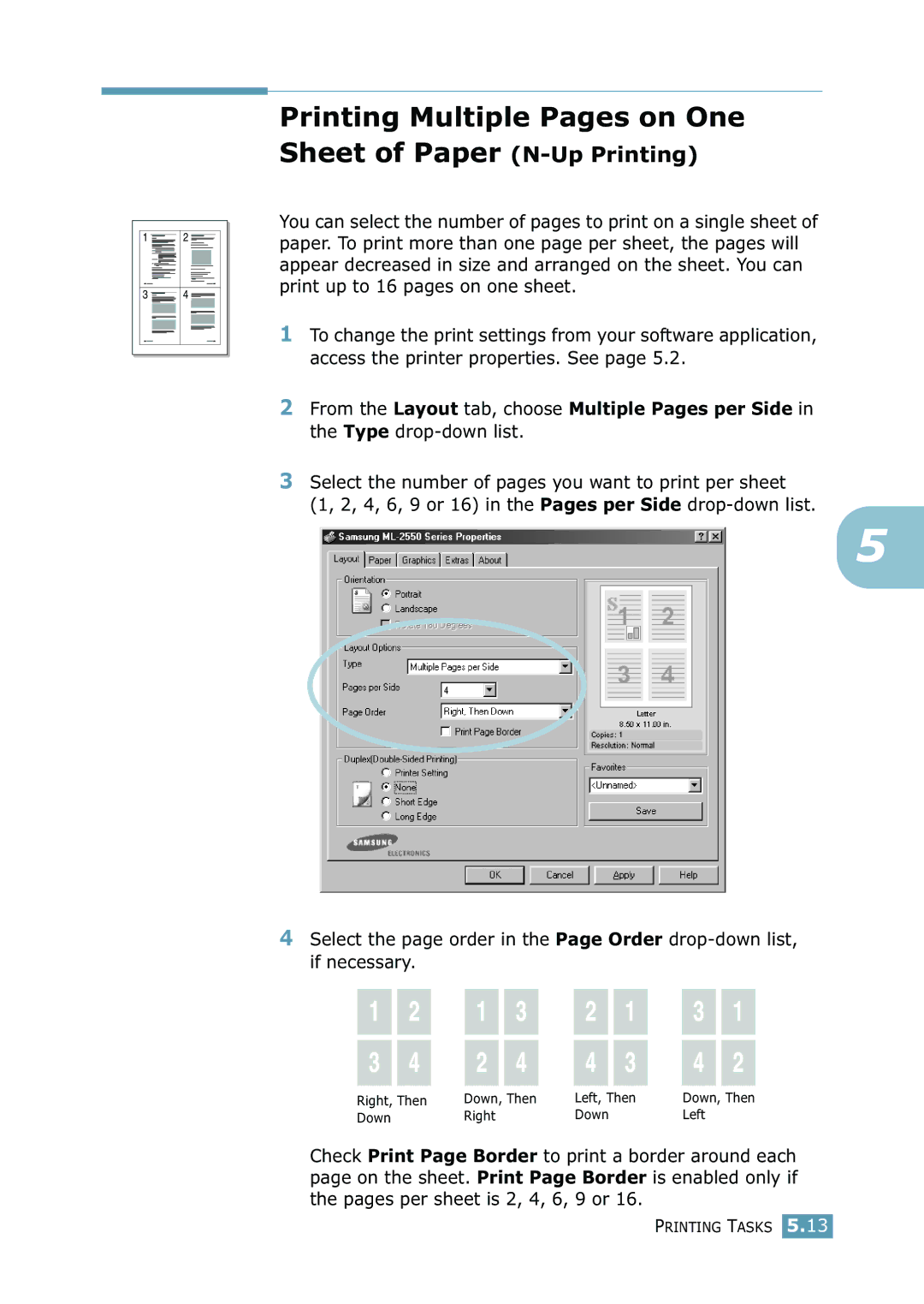 Samsung 2550 manual Printing Multiple Pages on One Sheet of Paper N-Up Printing 