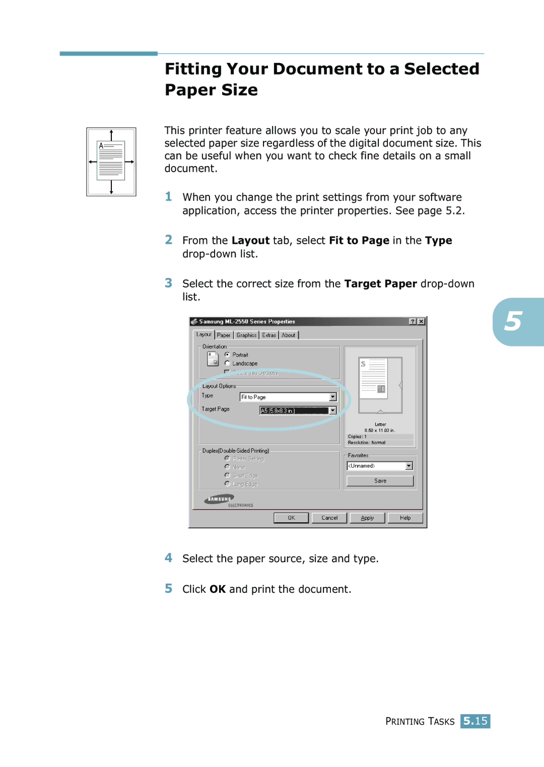 Samsung 2550 manual Fitting Your Document to a Selected Paper Size 