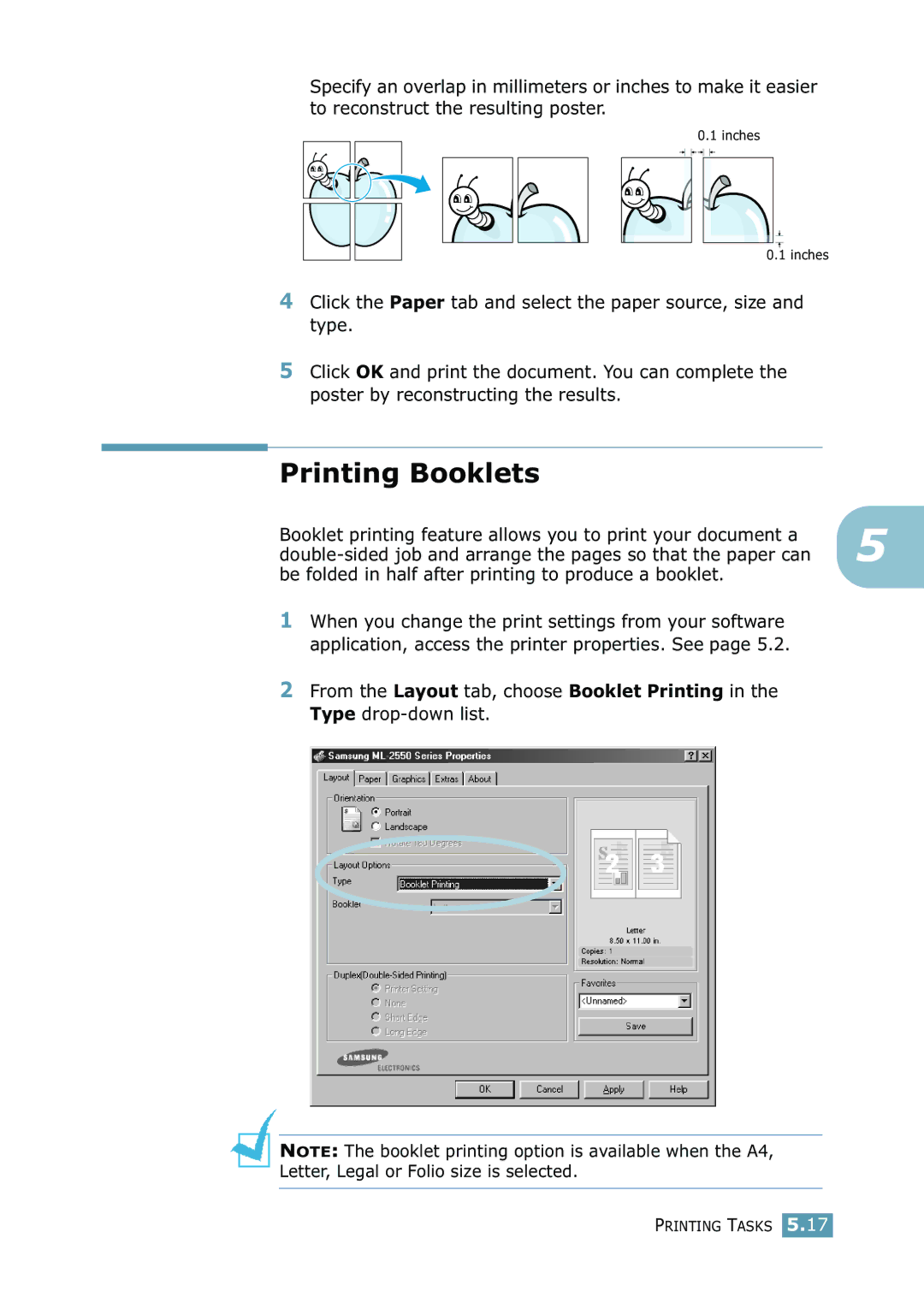 Samsung 2550 manual Printing Booklets, Be folded in half after printing to produce a booklet 