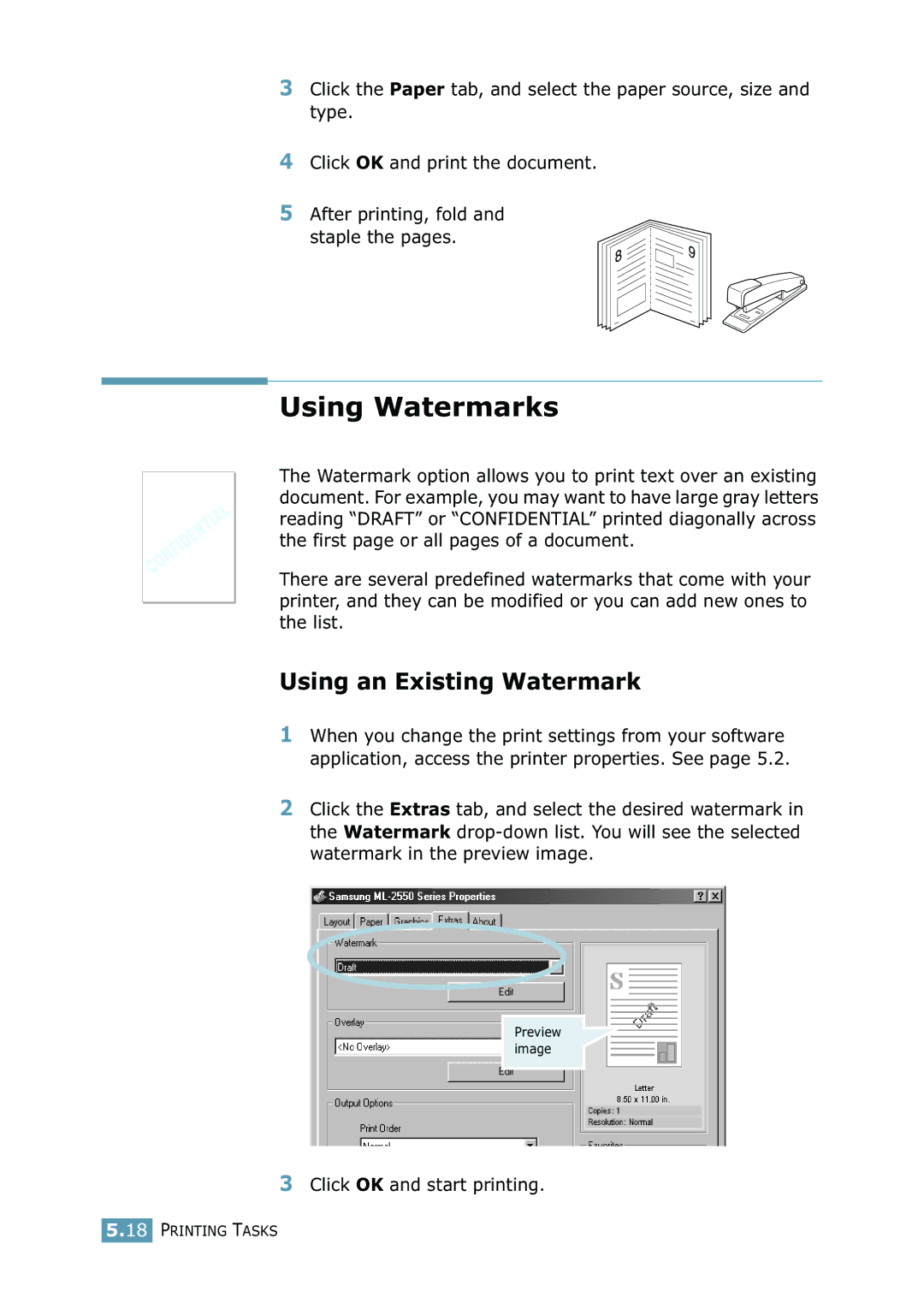 Samsung 2550 manual Using Watermarks, Using an Existing Watermark, Click OK and start printing 