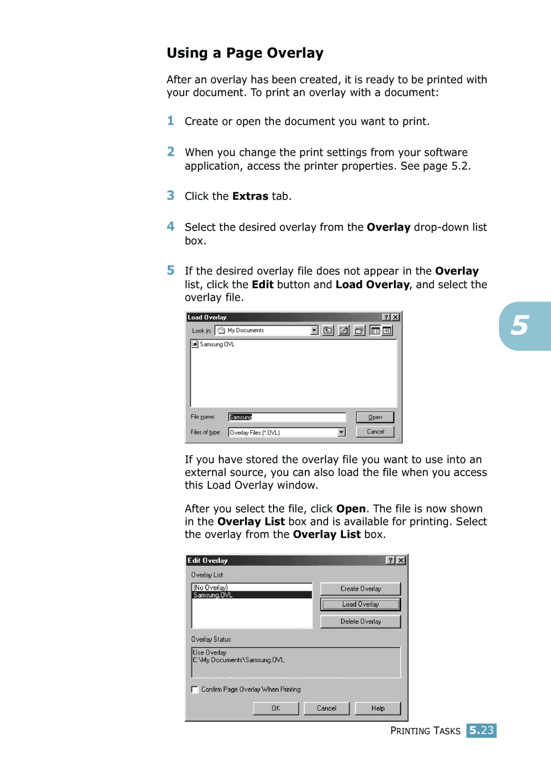 Samsung 2550 manual Using a Page Overlay 