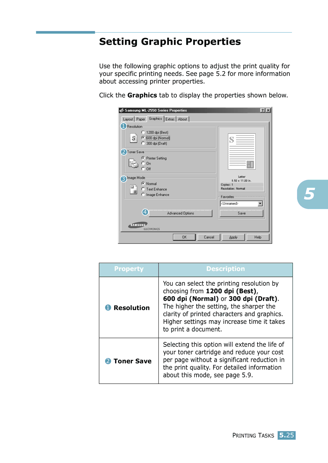 Samsung 2550 manual Setting Graphic Properties, Dpi Normal or 300 dpi Draft, Resolution, Toner Save 