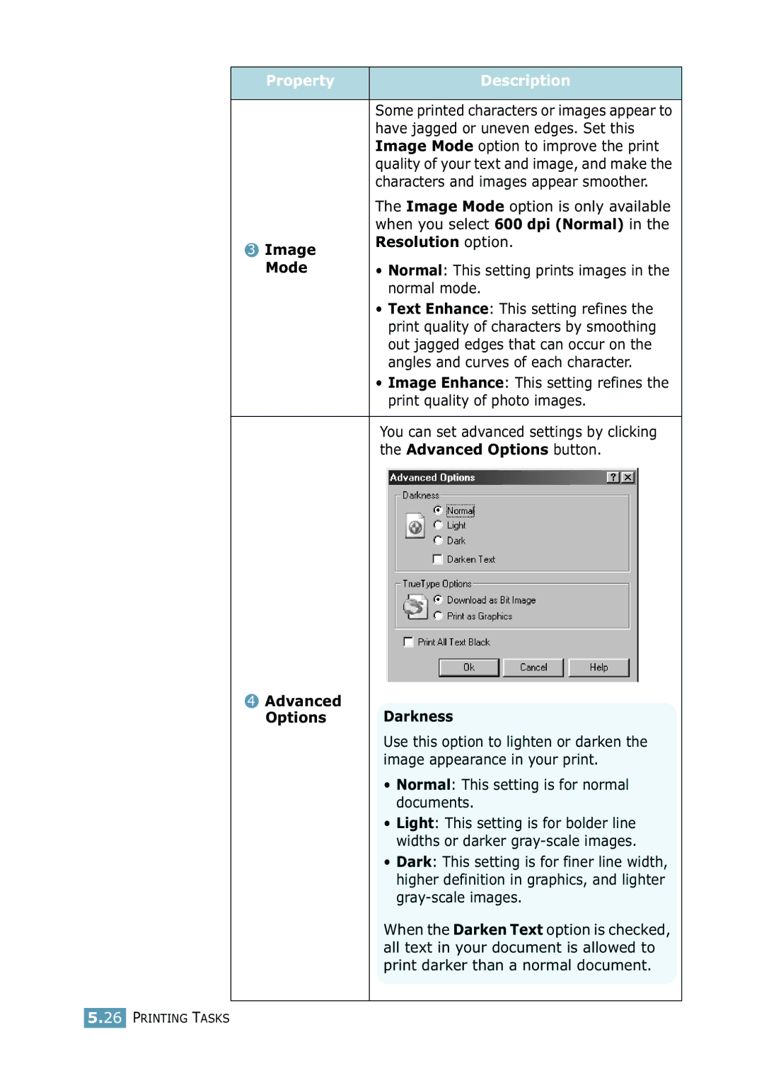 Samsung 2550 manual Image Resolution option Mode, Advanced Options button, Advanced Options Darkness 