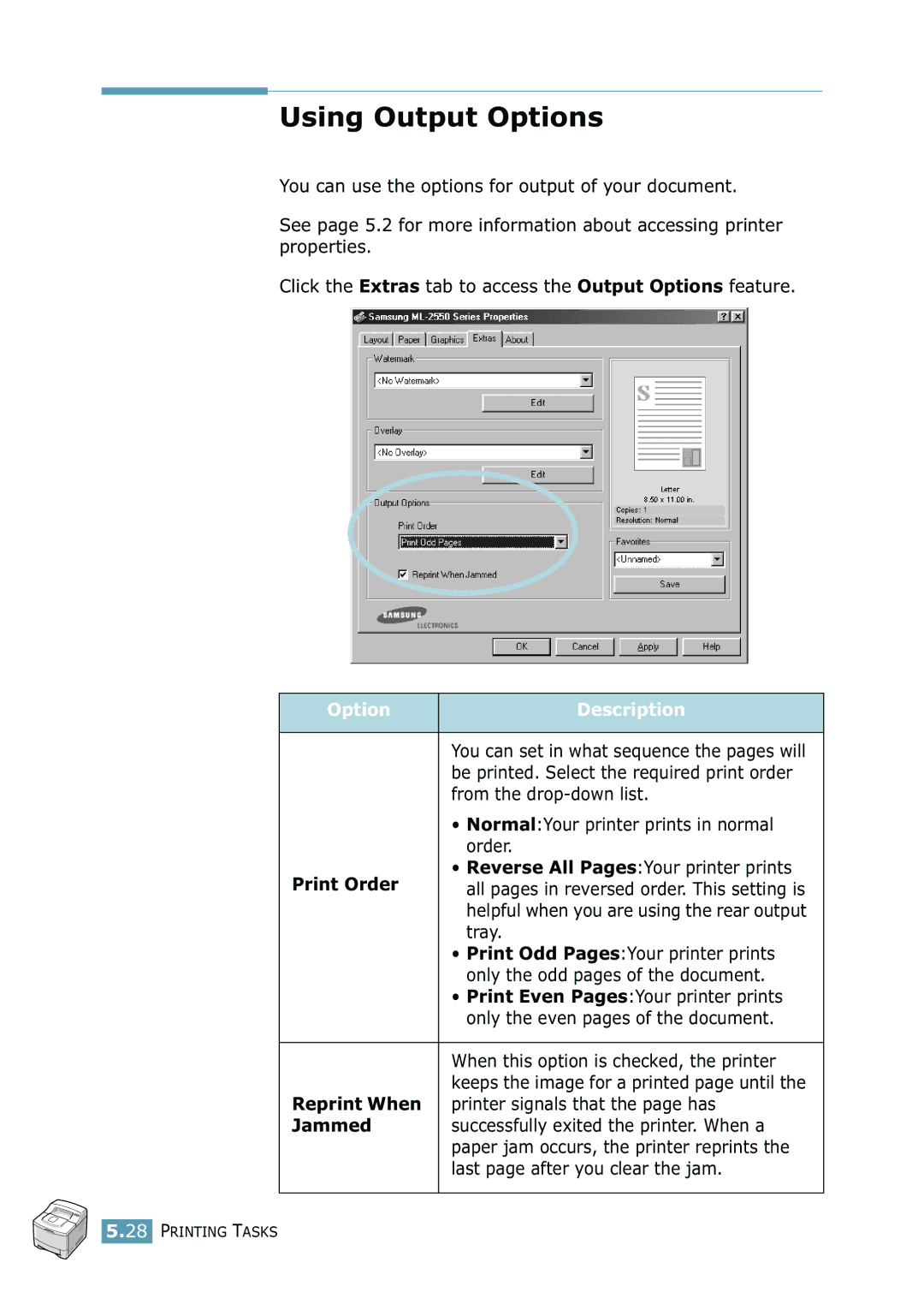 Samsung 2550 manual Using Output Options, Option Description, Print Order, Reprint When, Jammed 